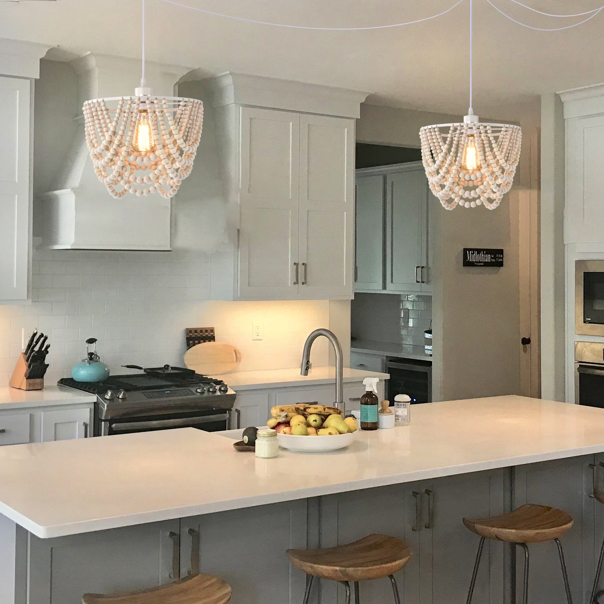 Boho Pendant Light Plug in Wood Beaded Plug in Chandelier 1-Light
