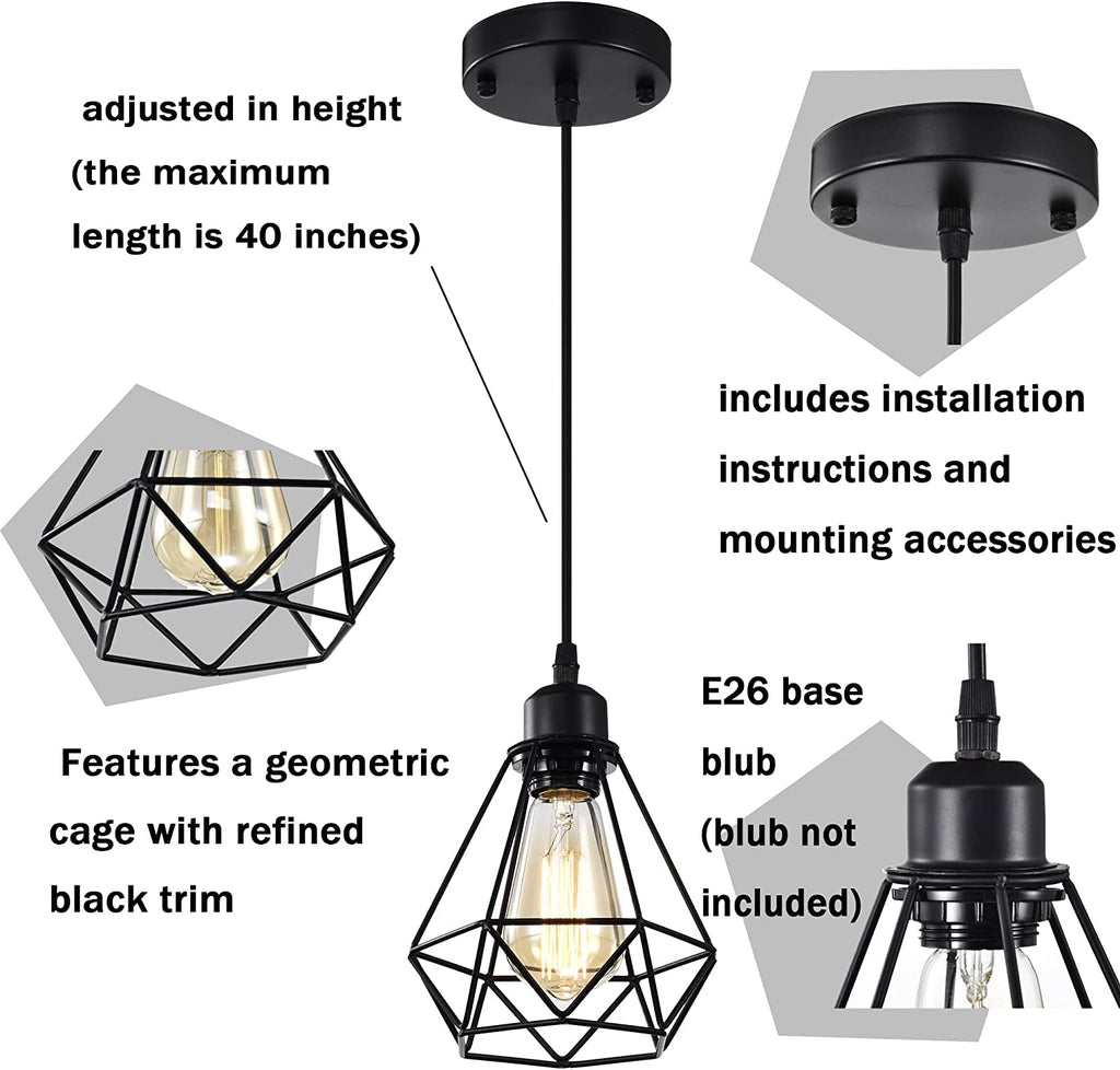 Black Pendant Light Industrial for Kitchen Island 2 Pack