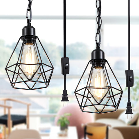 Black Industrial Plug-in Pendant Light with 20ft Cord 2 Pack