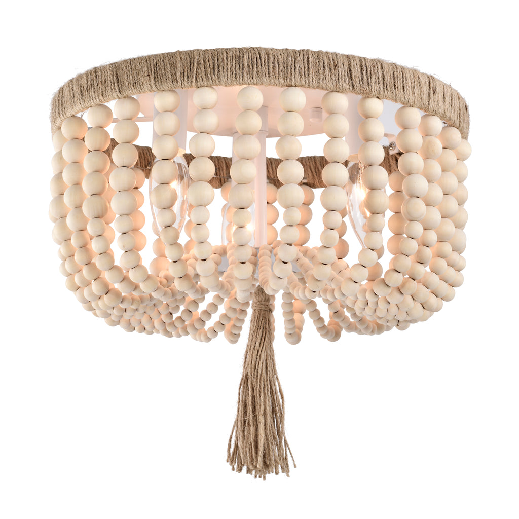 Small Wood Bead Flush Mount Chandelier 3-Light Ceiling Light