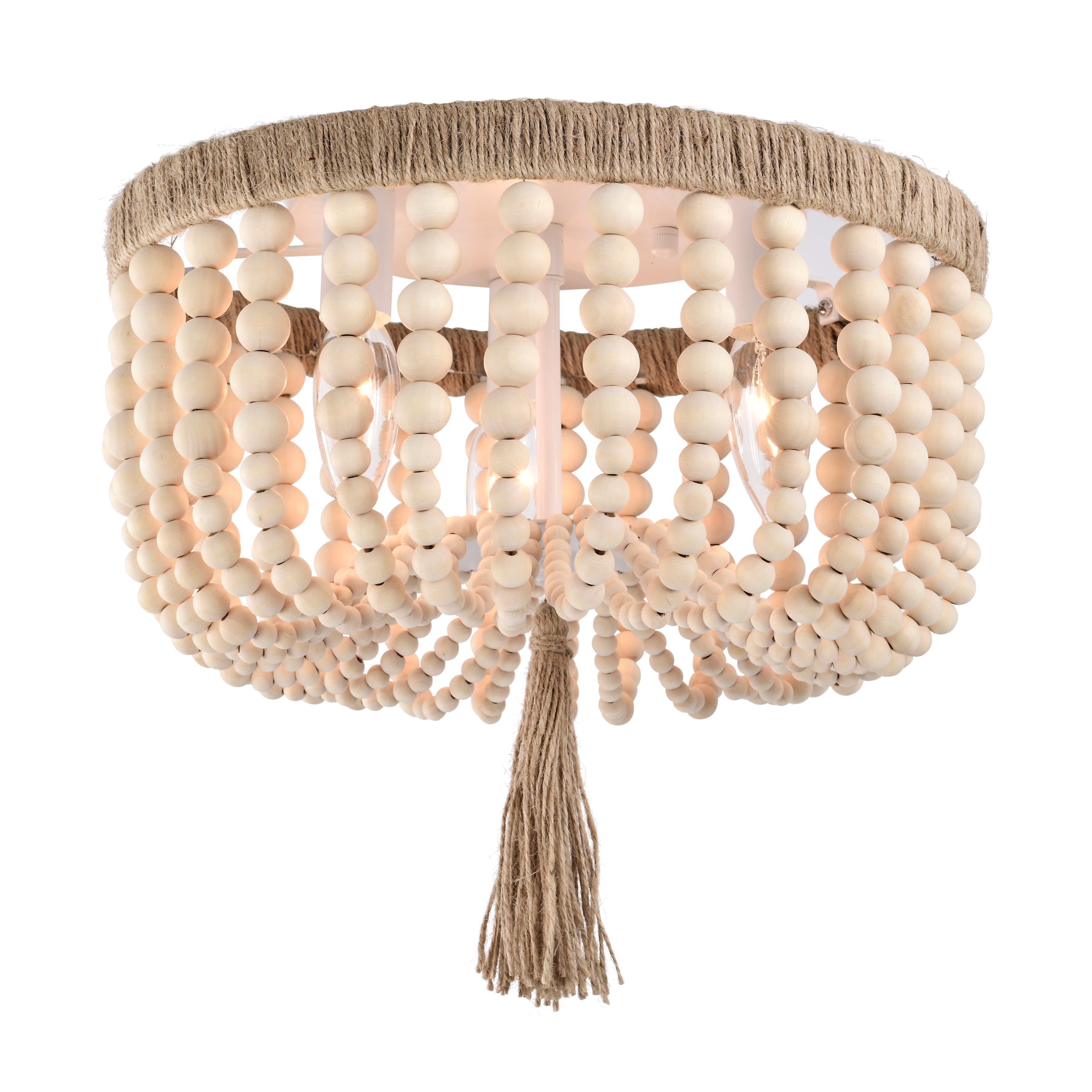 Small Wood Bead Flush Mount Chandelier 3-Light Ceiling Light