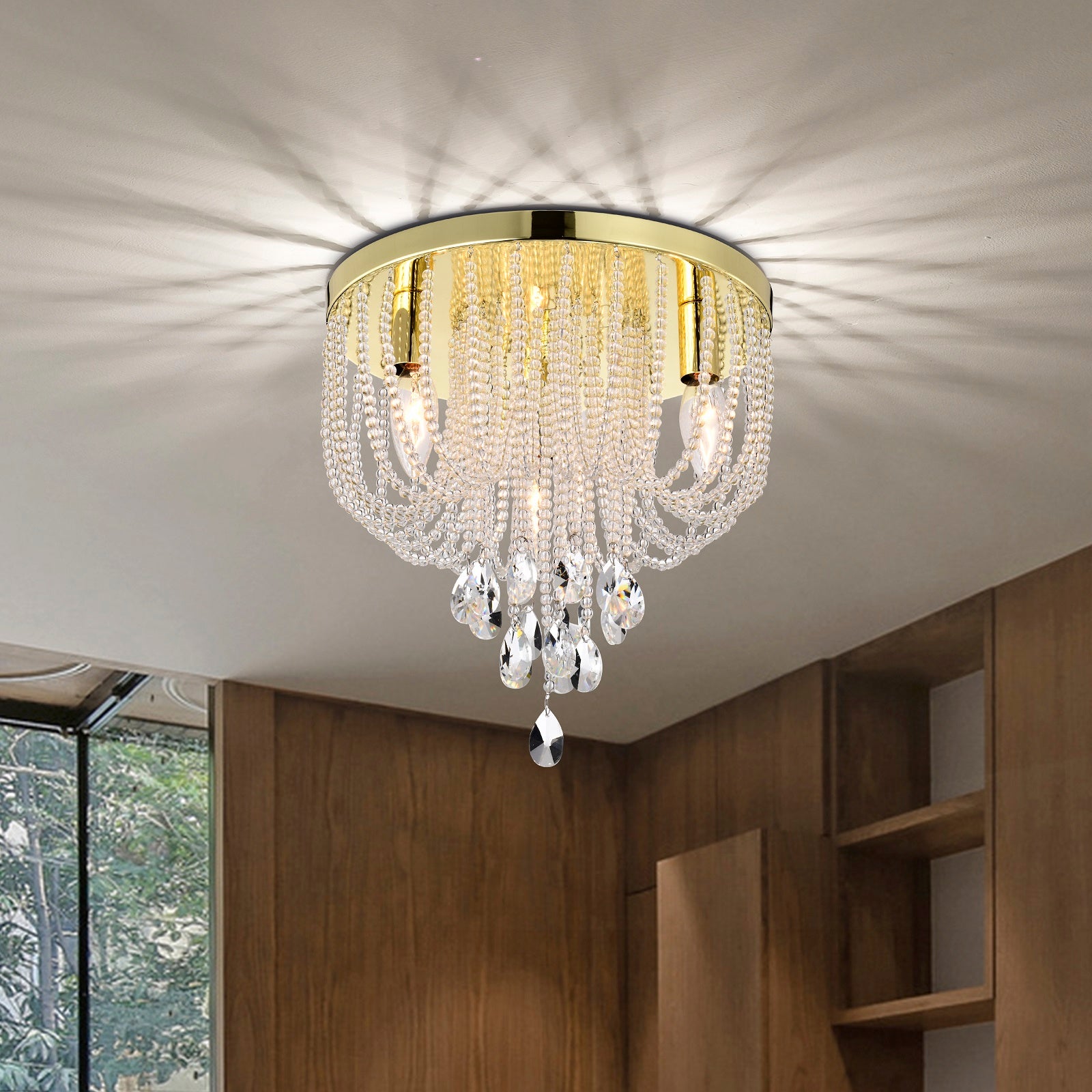 Crystal Flush Mount Chandelier Light Fixture Gold Flush Mount Ceiling Light 3 Light