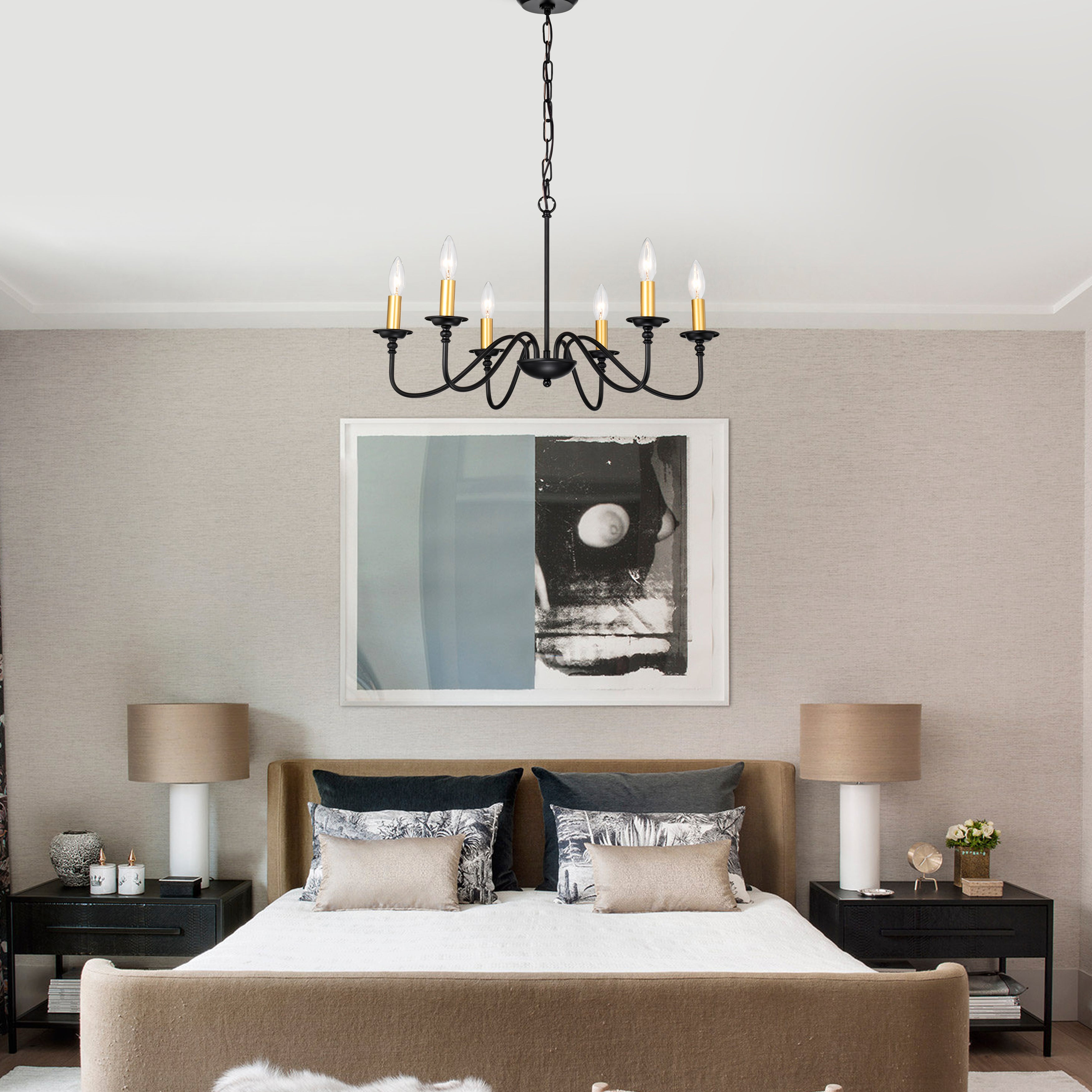 Modern Farmhouse French Country Chandelier Black and Gold 6-light
