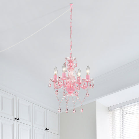 Plug In Pink Chandelier Small Acrylic Crystals Hanging Lamp 4-Light
