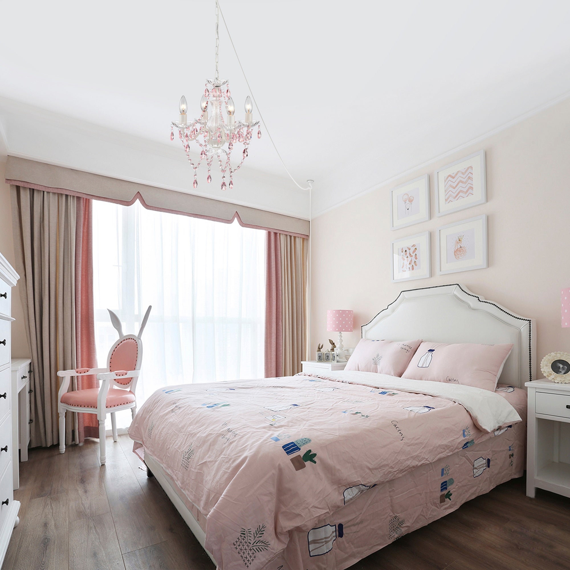 Plug In Chandelier Modern White and Pink Crystal Chandelier 4-Light