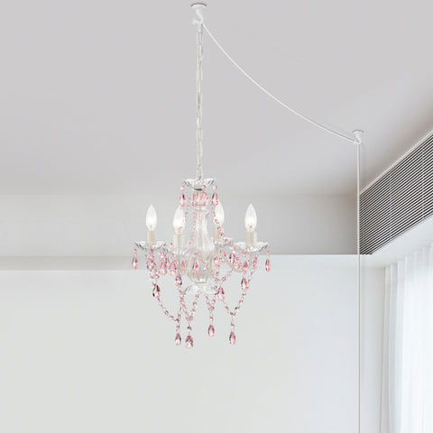 Plug In Chandelier Modern White and Pink Crystal Chandelier 4-Light
