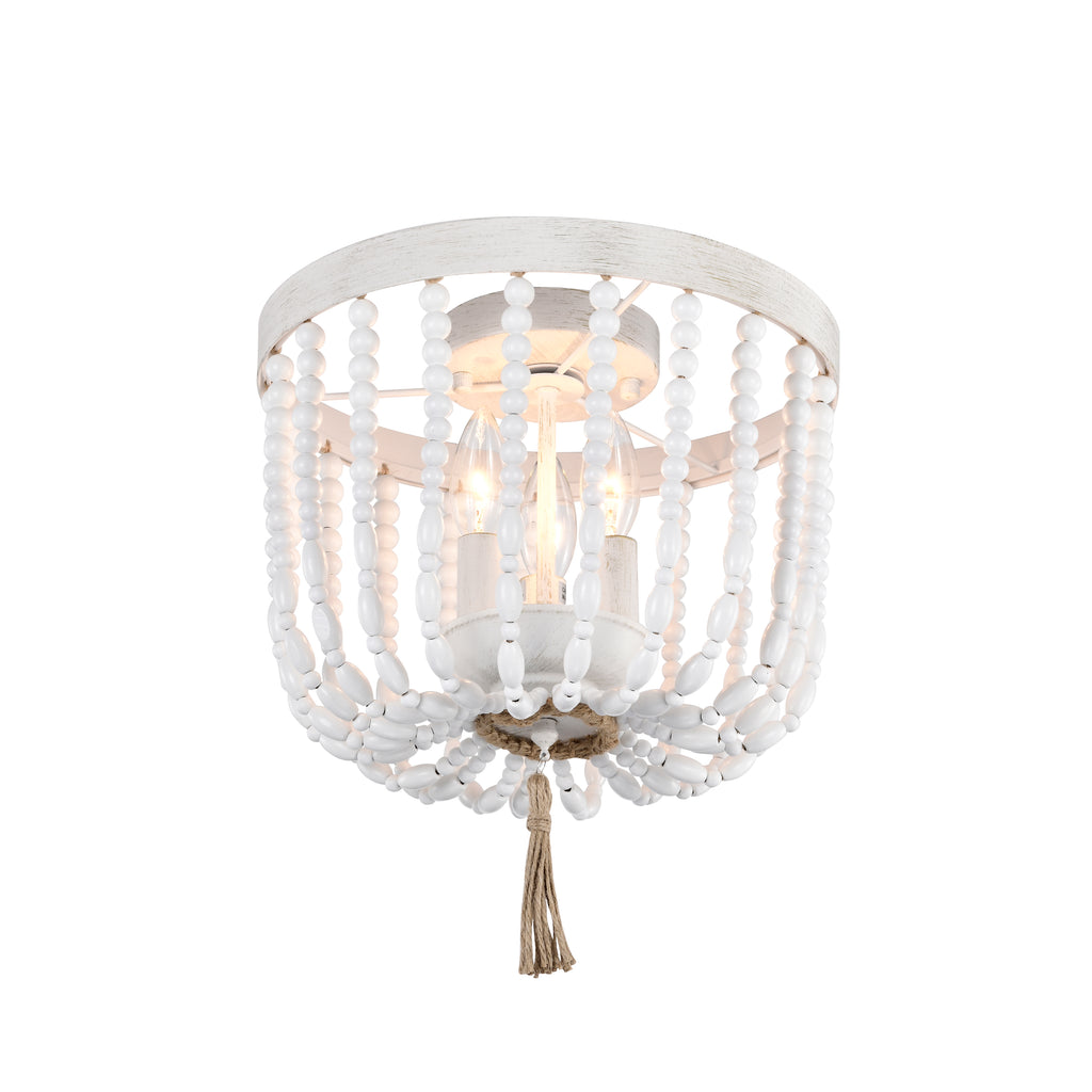 Beaded Chandelier Light Fixture White Wood Bead Flush Mount Chandelier 3-Light Boho Chandelier Light Fixture Ceiling