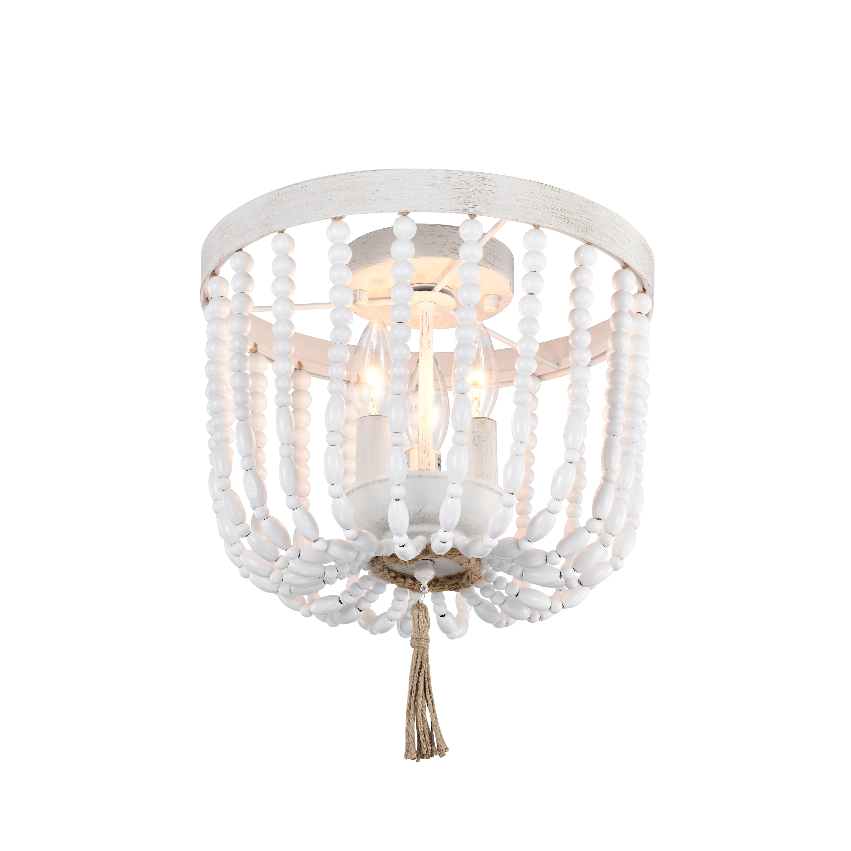 Beaded Chandelier Light Fixture White Wood Bead Flush Mount Chandelier 3-Light Boho Chandelier Light Fixture Ceiling