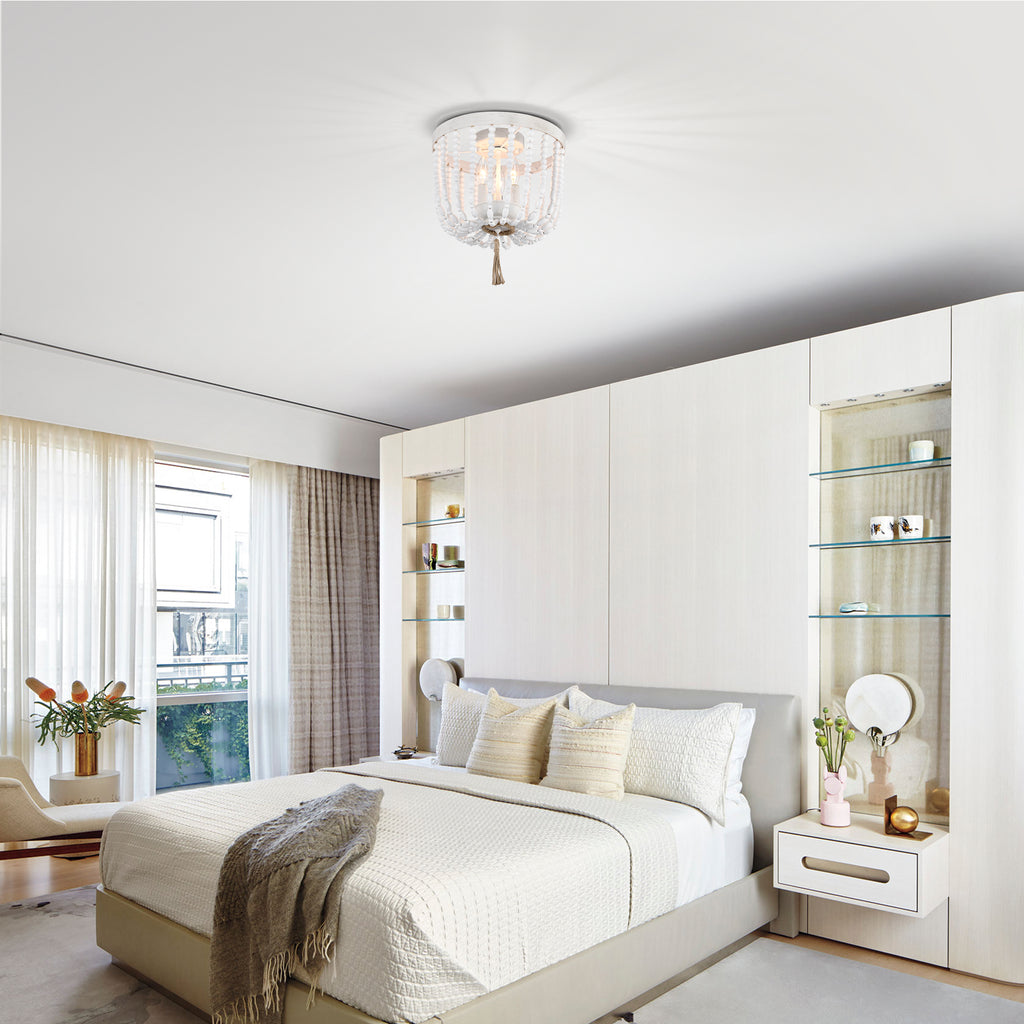 Beaded Chandelier Light Fixture White Wood Bead Flush Mount Chandelier 3-Light Boho Chandelier Light Fixture Ceiling