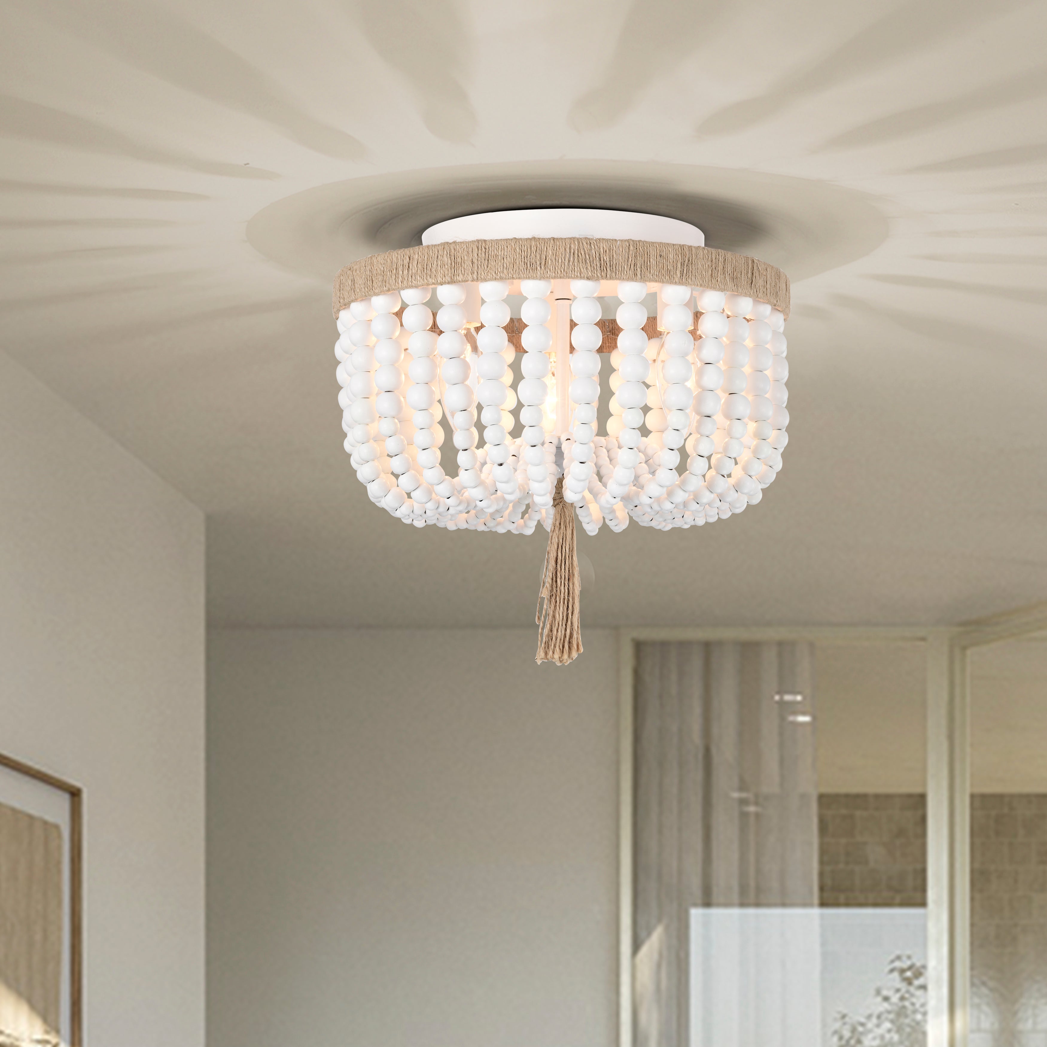 White Wood Beaded Chandelier 3-Light Farmhouse Wood Bead Light