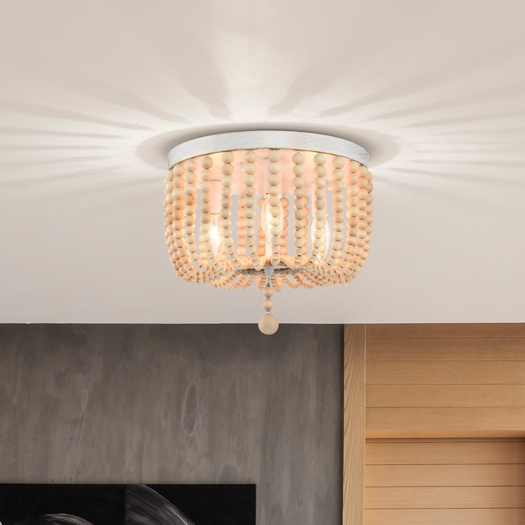 Boho Wood Beaded Flush Mount Chandelier 3-Light Farmhouse Chandelier