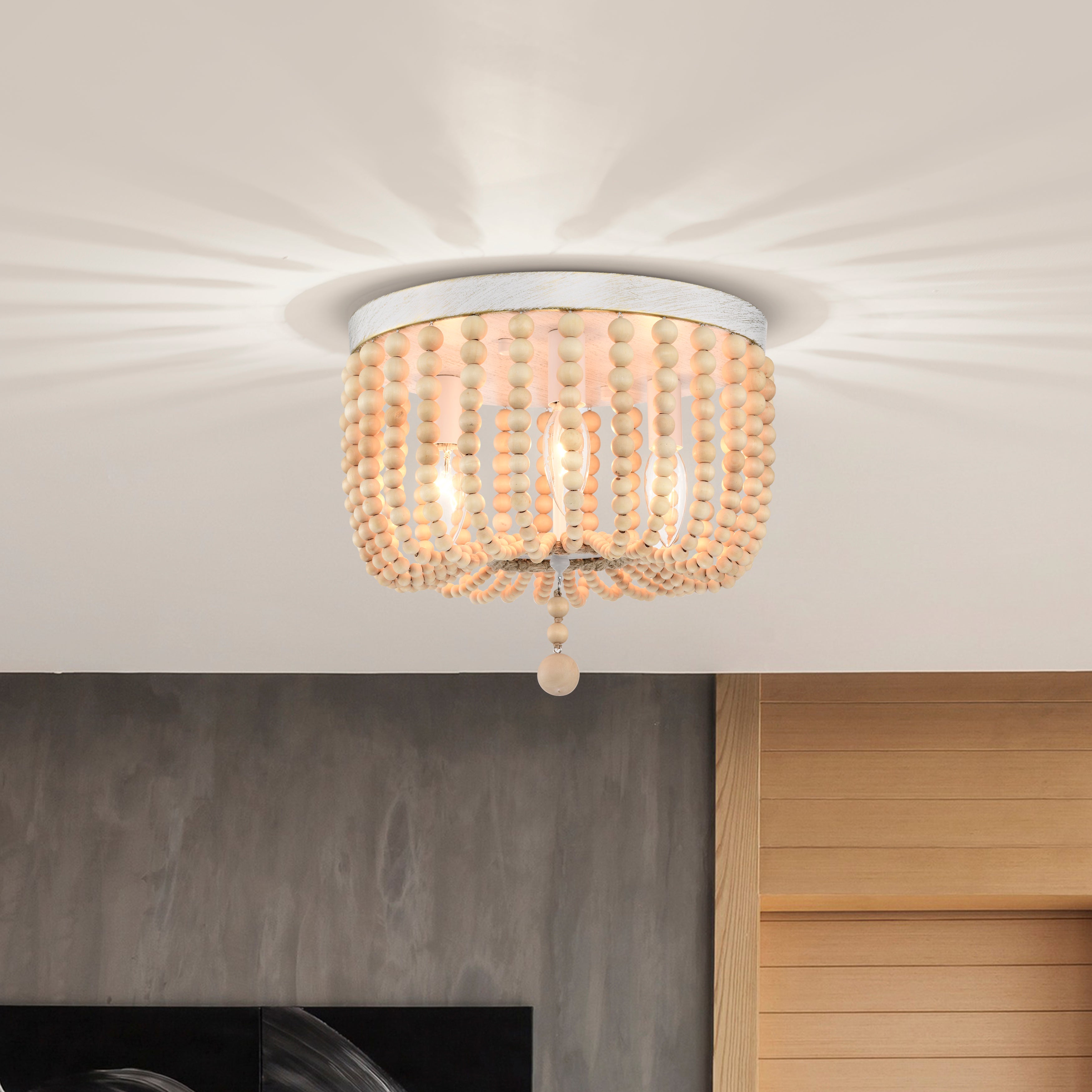 Boho Wood Beaded Flush Mount Chandelier 3-Light Farmhouse Chandelier