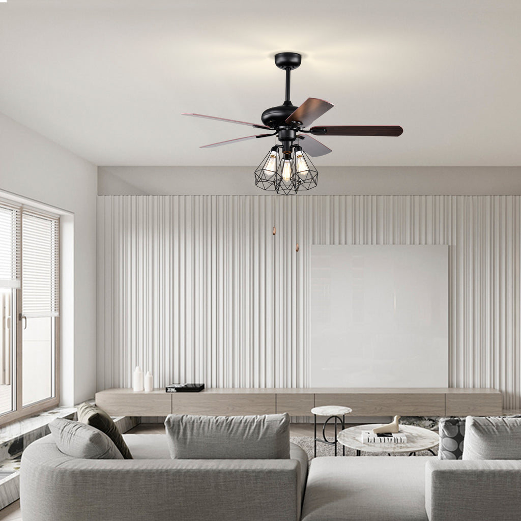 Industrial Ceiling Fan with Light 52'' Black Ceiling Fan 5 Blade Room Fan Dual Finish Pull Chain Ceiling Fans with 3 Cage Light Kit