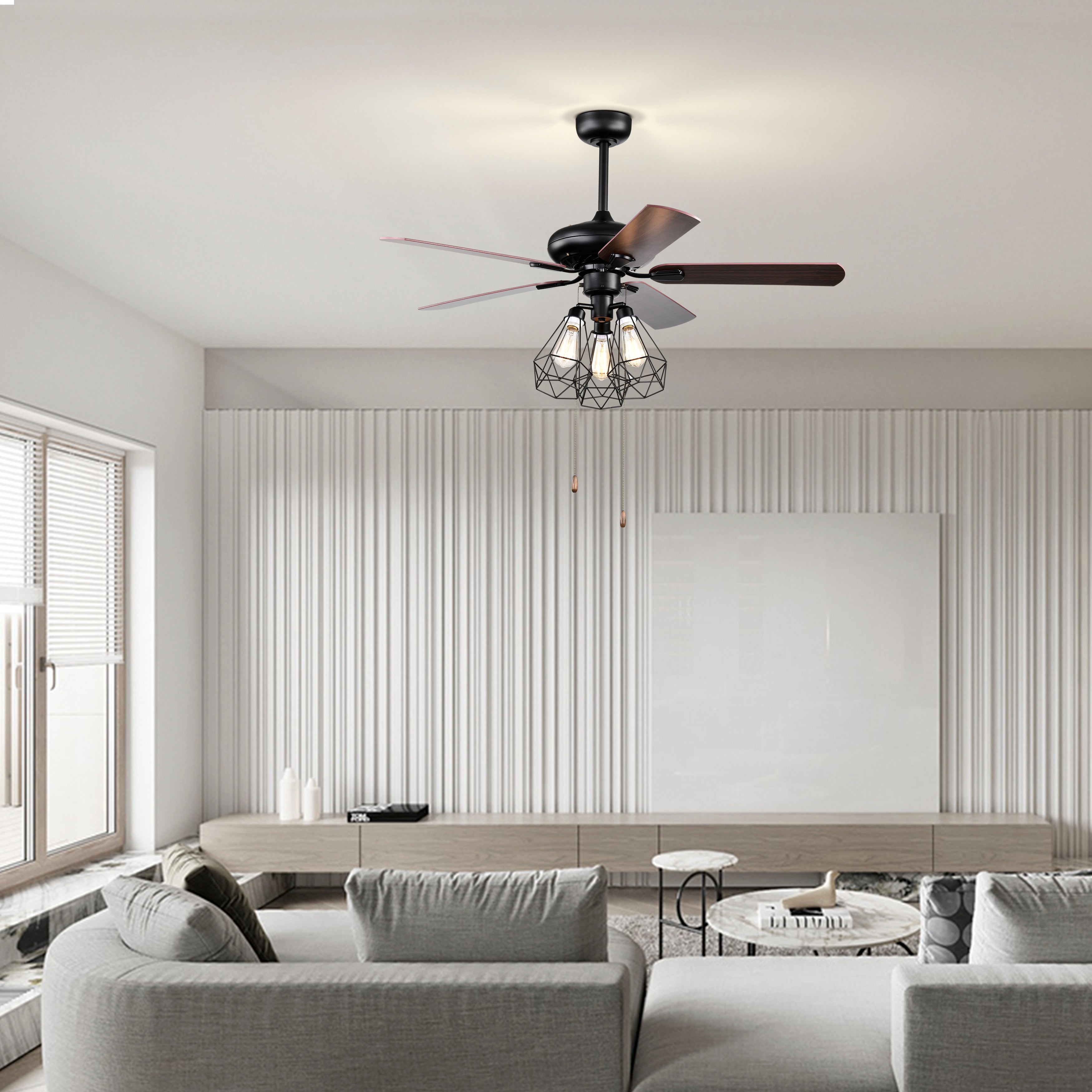 Industrial Ceiling Fan with Light 52'' Black Ceiling Fan 5 Blade Room Fan Dual Finish Pull Chain Ceiling Fans with 3 Cage Light Kit