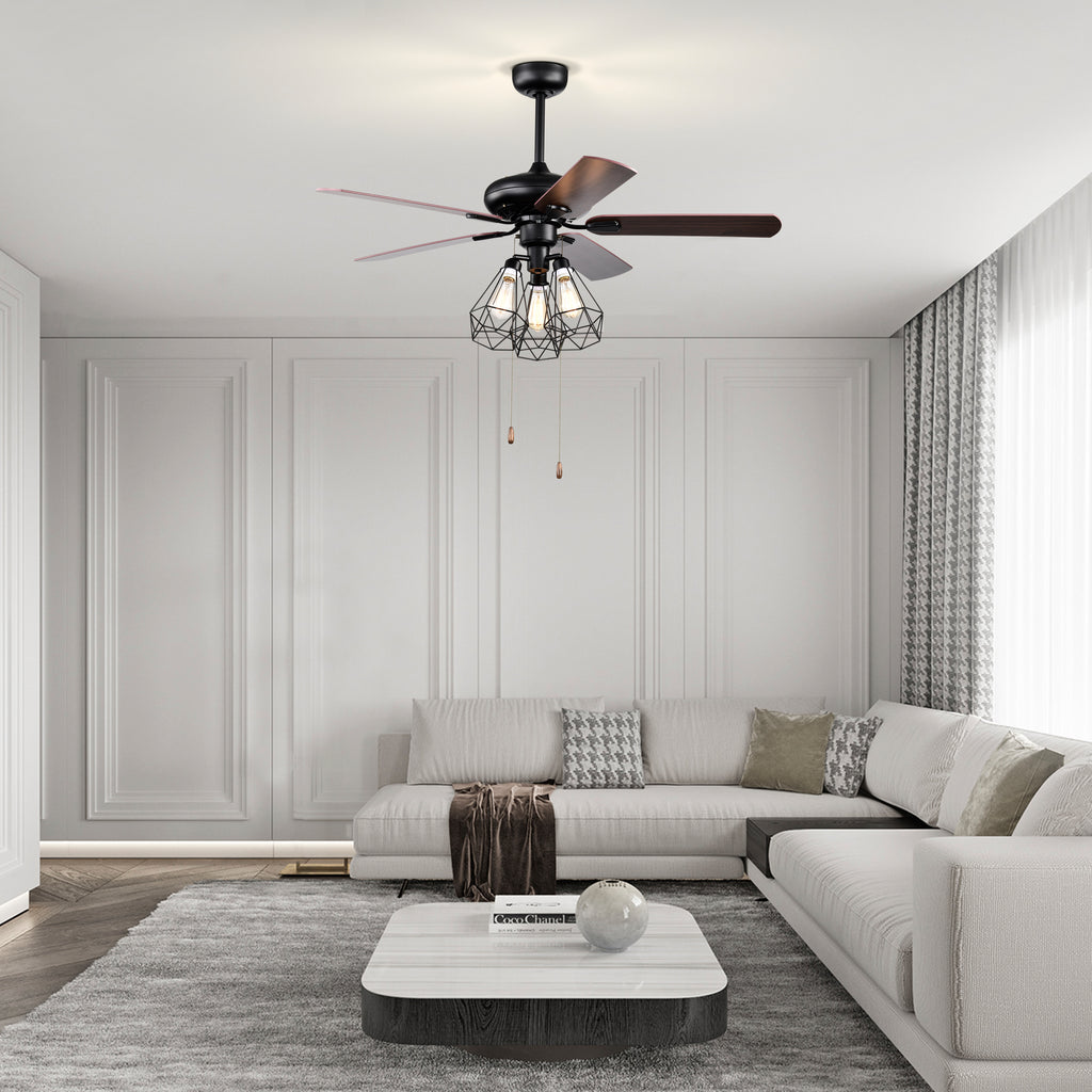 Industrial Ceiling Fan with Light 52'' Black Ceiling Fan 5 Blade Room Fan Dual Finish Pull Chain Ceiling Fans with 3 Cage Light Kit