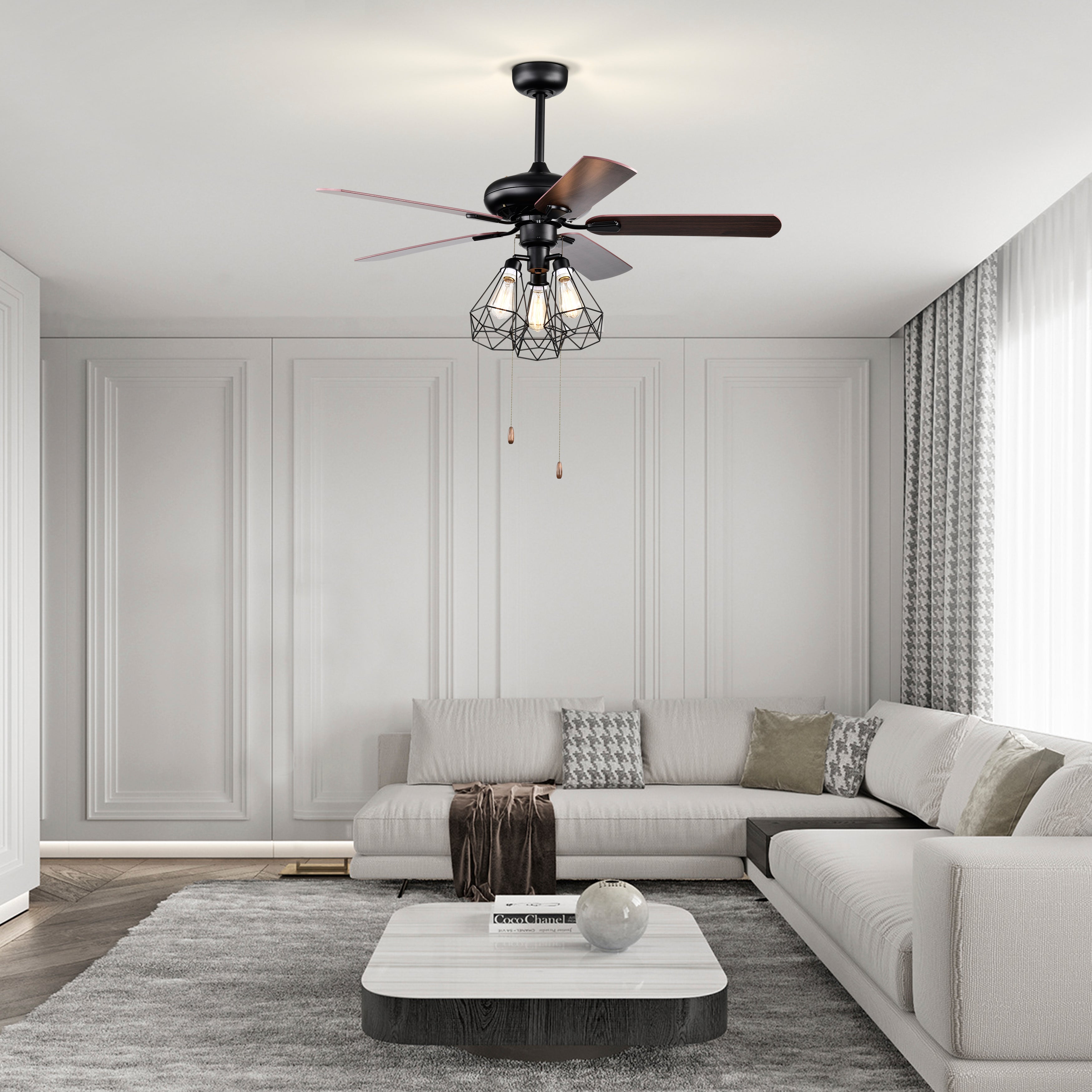 Industrial Ceiling Fan with Light 52'' Black Ceiling Fan 5 Blade Room Fan Dual Finish Pull Chain Ceiling Fans with 3 Cage Light Kit