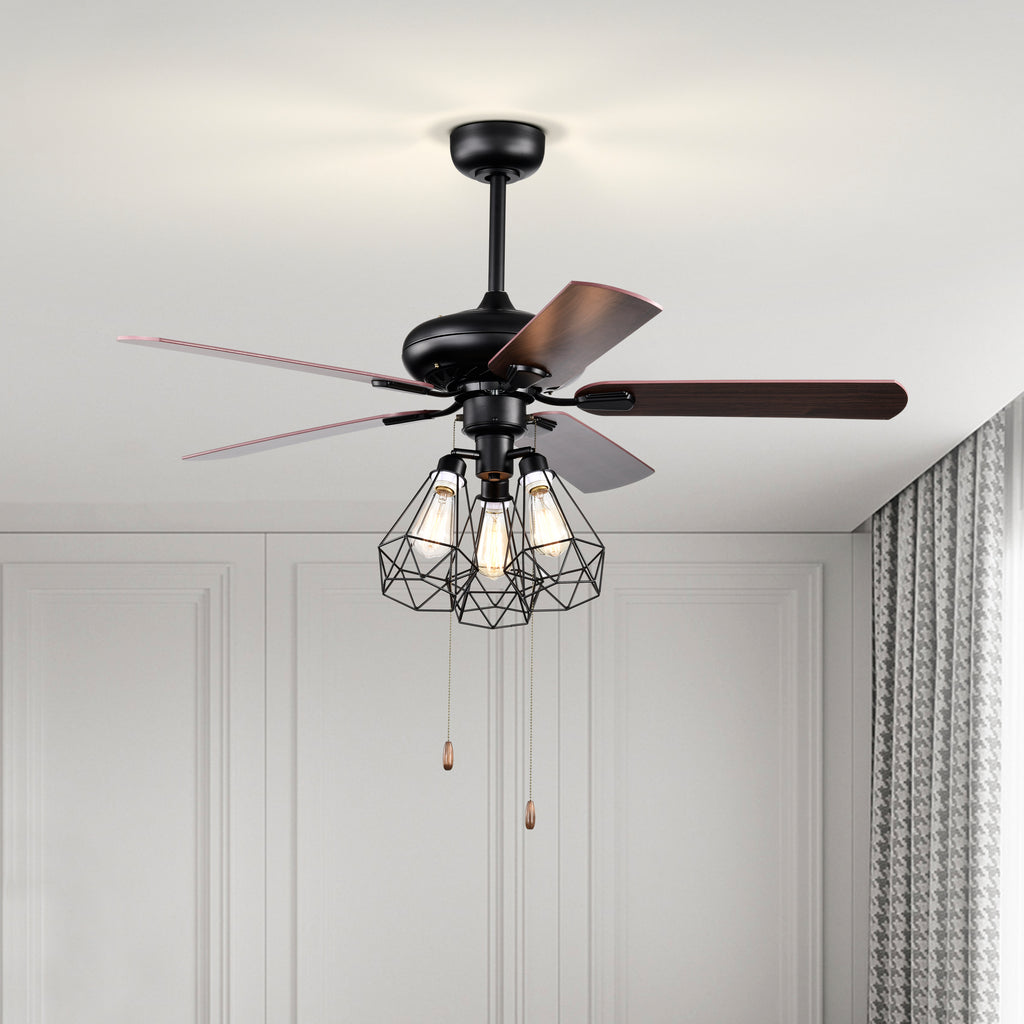 Industrial Ceiling Fan with Light 52'' Black Ceiling Fan 5 Blade Room Fan Dual Finish Pull Chain Ceiling Fans with 3 Cage Light Kit