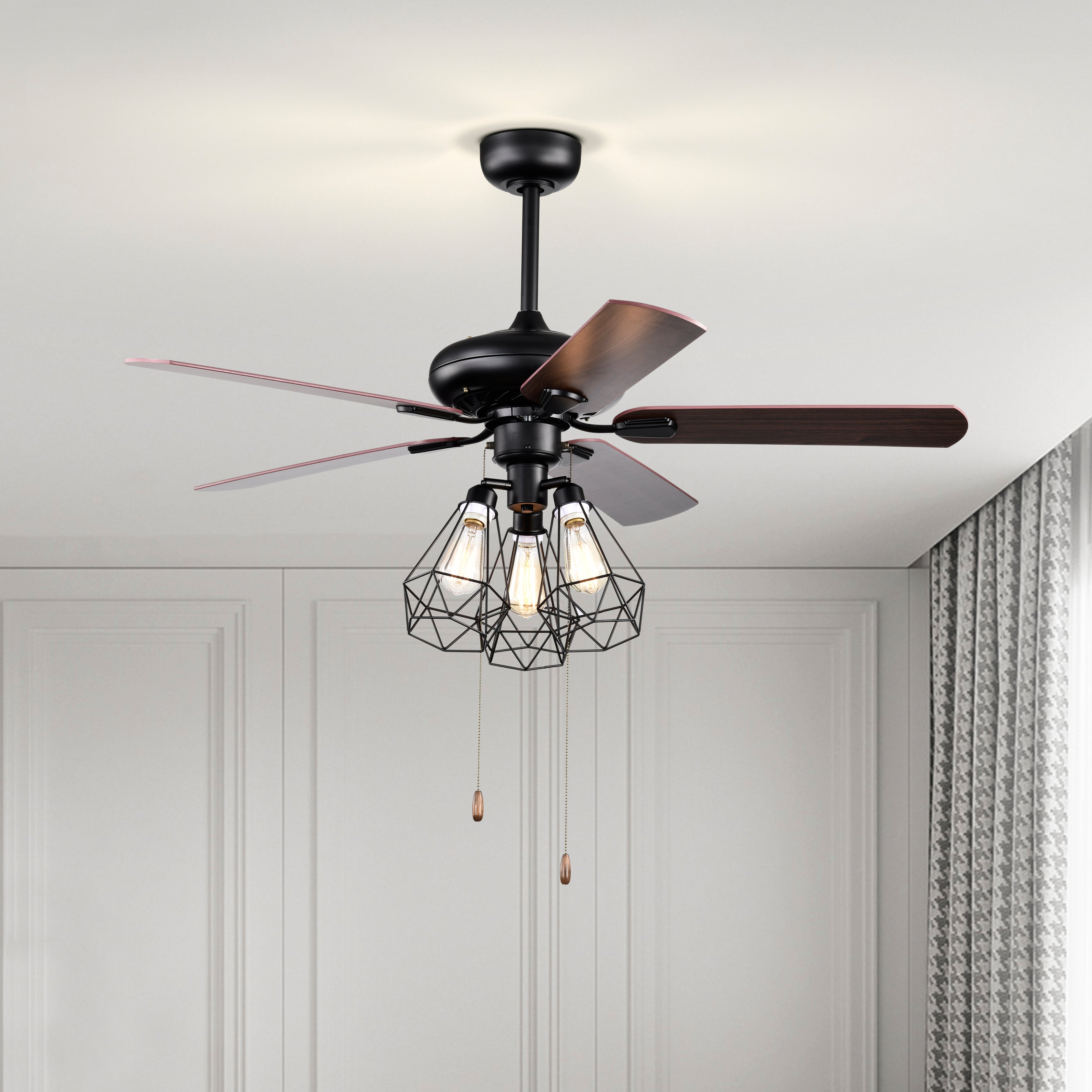 Industrial Ceiling Fan with Light 52'' Black Ceiling Fan 5 Blade Room Fan Dual Finish Pull Chain Ceiling Fans with 3 Cage Light Kit