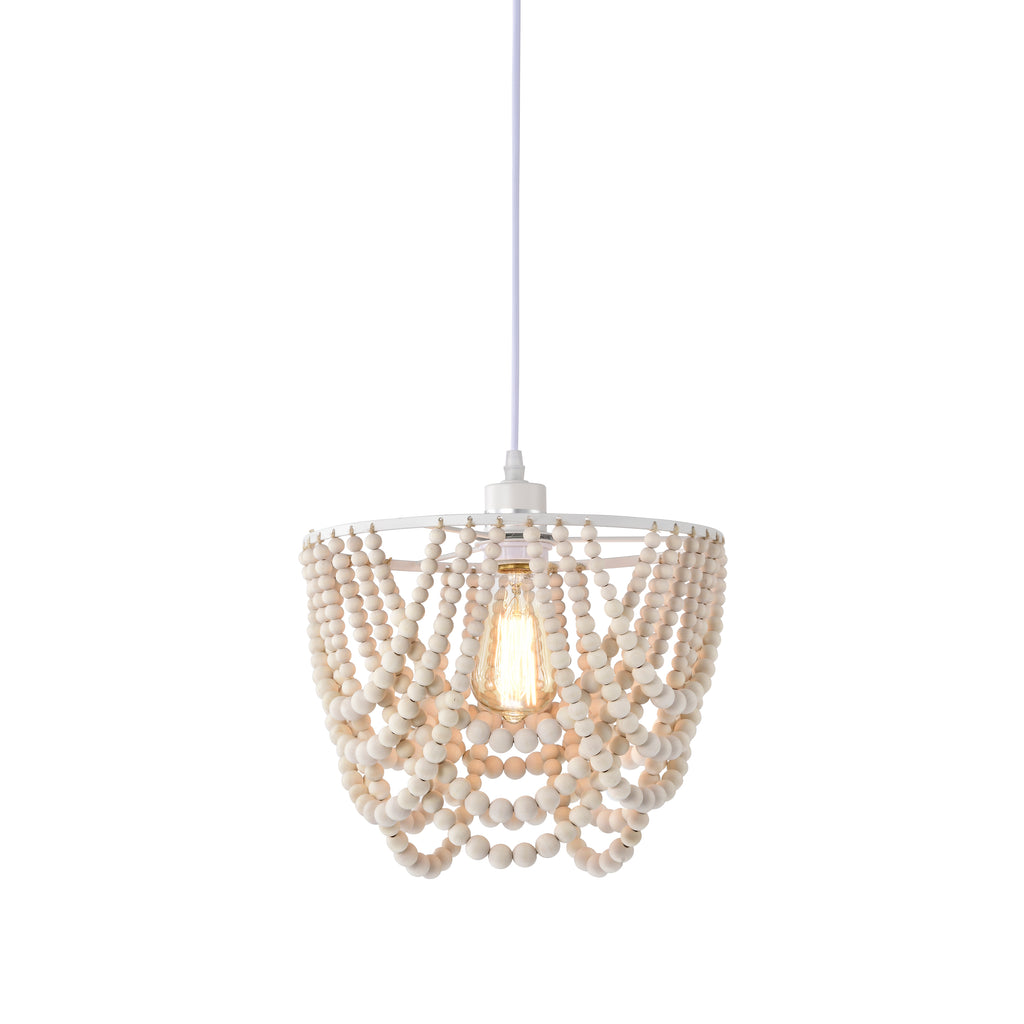 Boho Pendant Light Plug in Wood Beaded Plug in Chandelier 1-Light