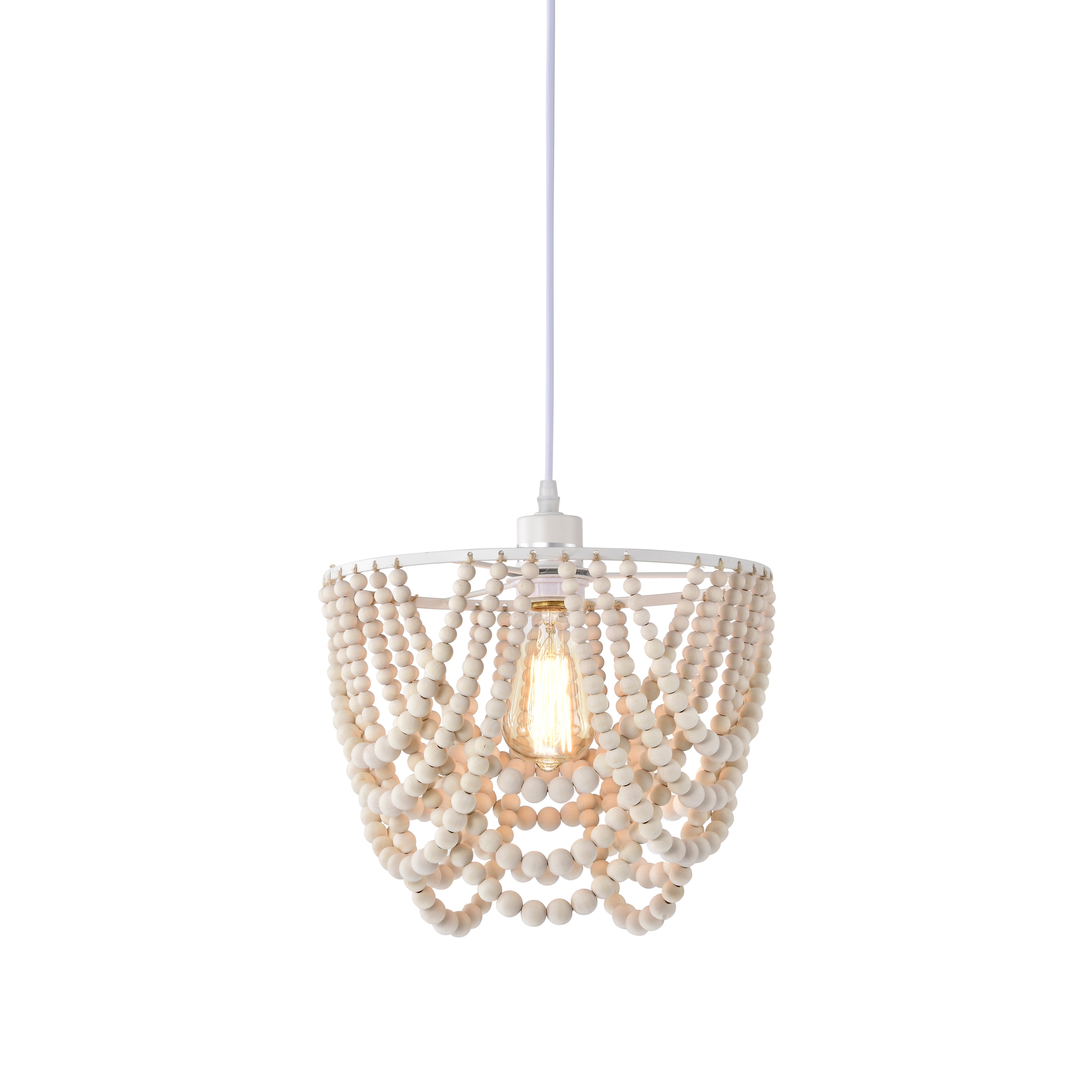 Boho Pendant Light Plug in Wood Beaded Plug in Chandelier 1-Light