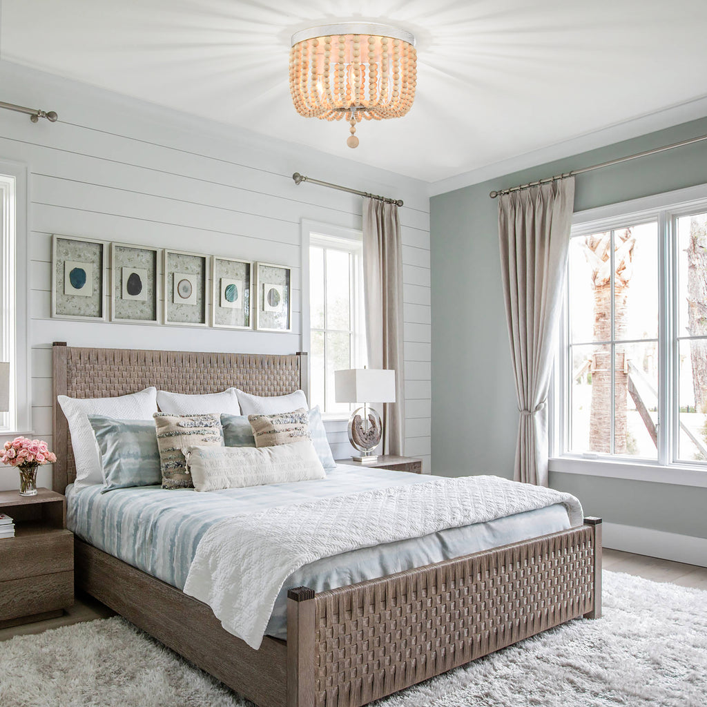 Boho Wood Beaded Flush Mount Chandelier 3-Light Farmhouse Chandelier