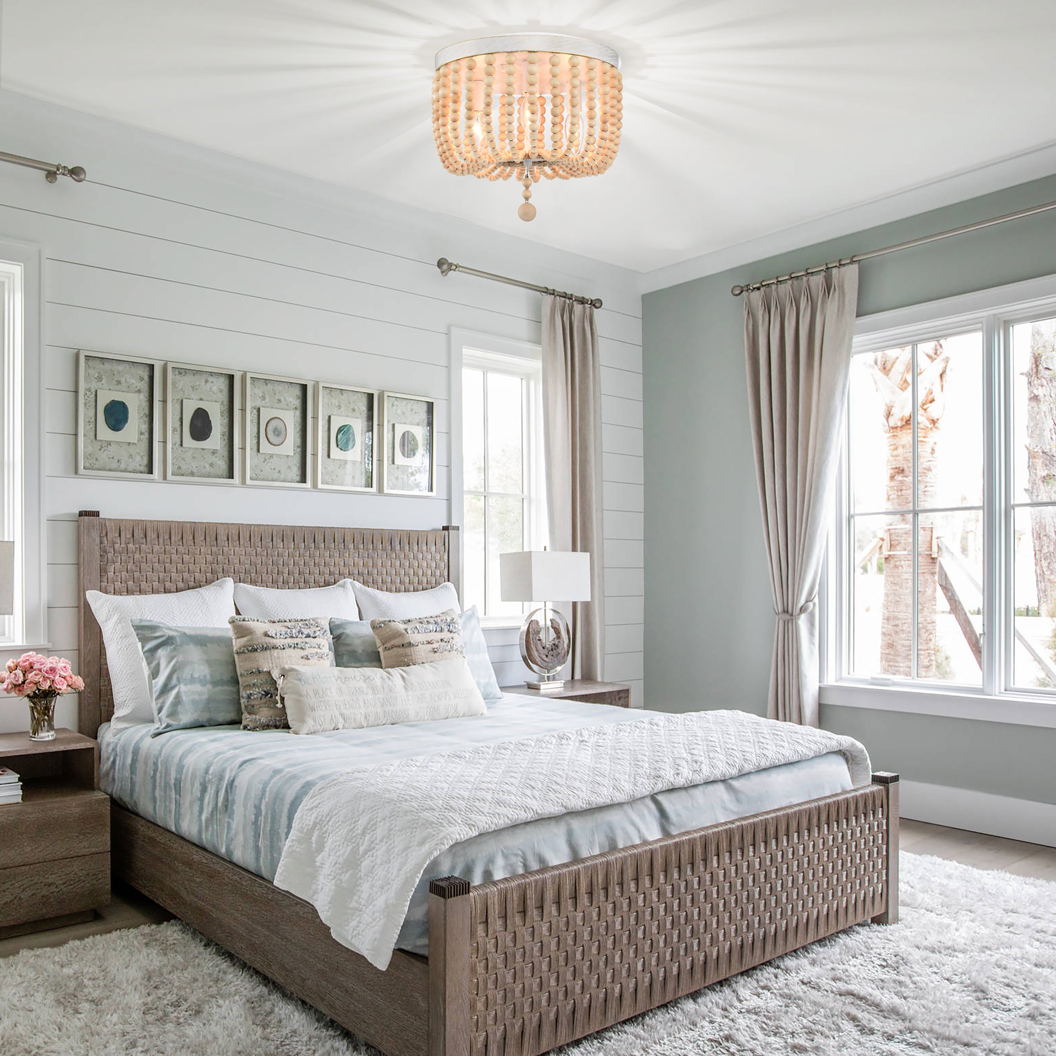 Boho Wood Beaded Flush Mount Chandelier 3-Light Farmhouse Chandelier