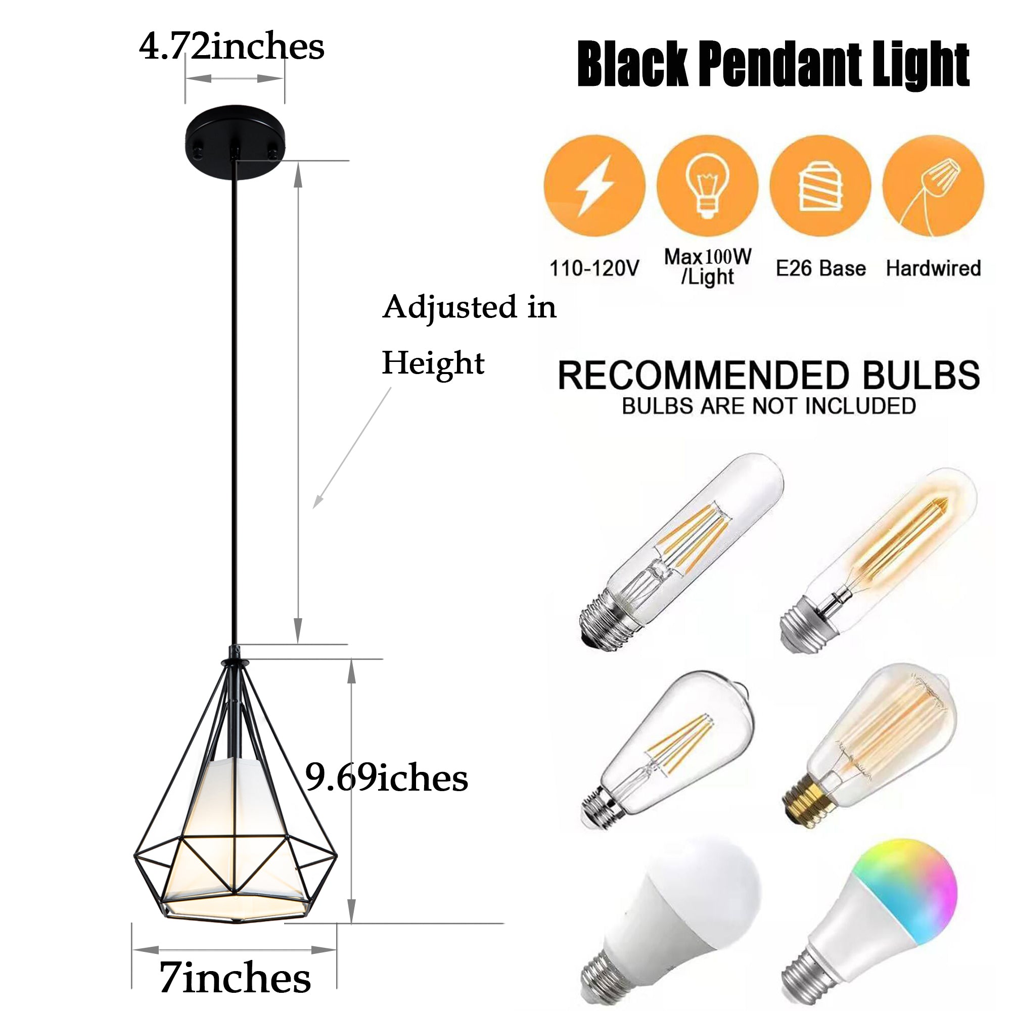 Farmhouse Black Pendant Light Fixtures with White Fabric Shade 2 pack
