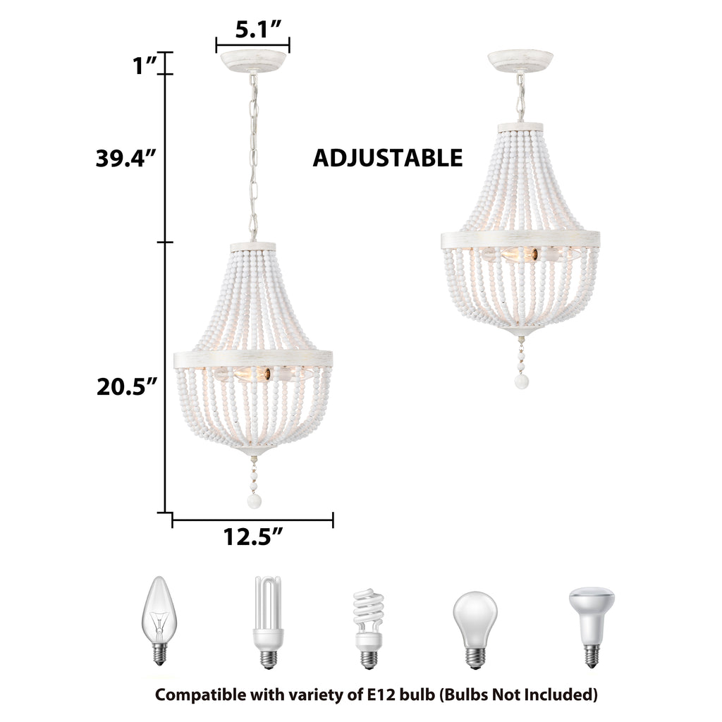 White Wood Beaded Chandelier Farmhouse Pendant Light Fixtures 3-Light
