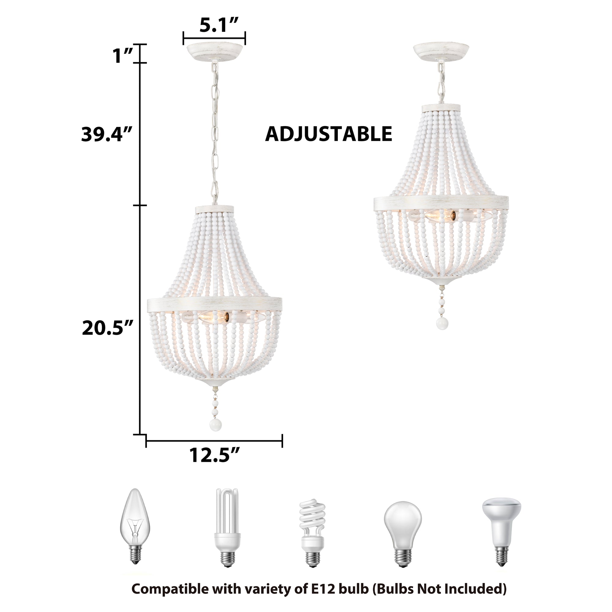 White Wood Beaded Chandelier Farmhouse Pendant Light Fixtures 3-Light