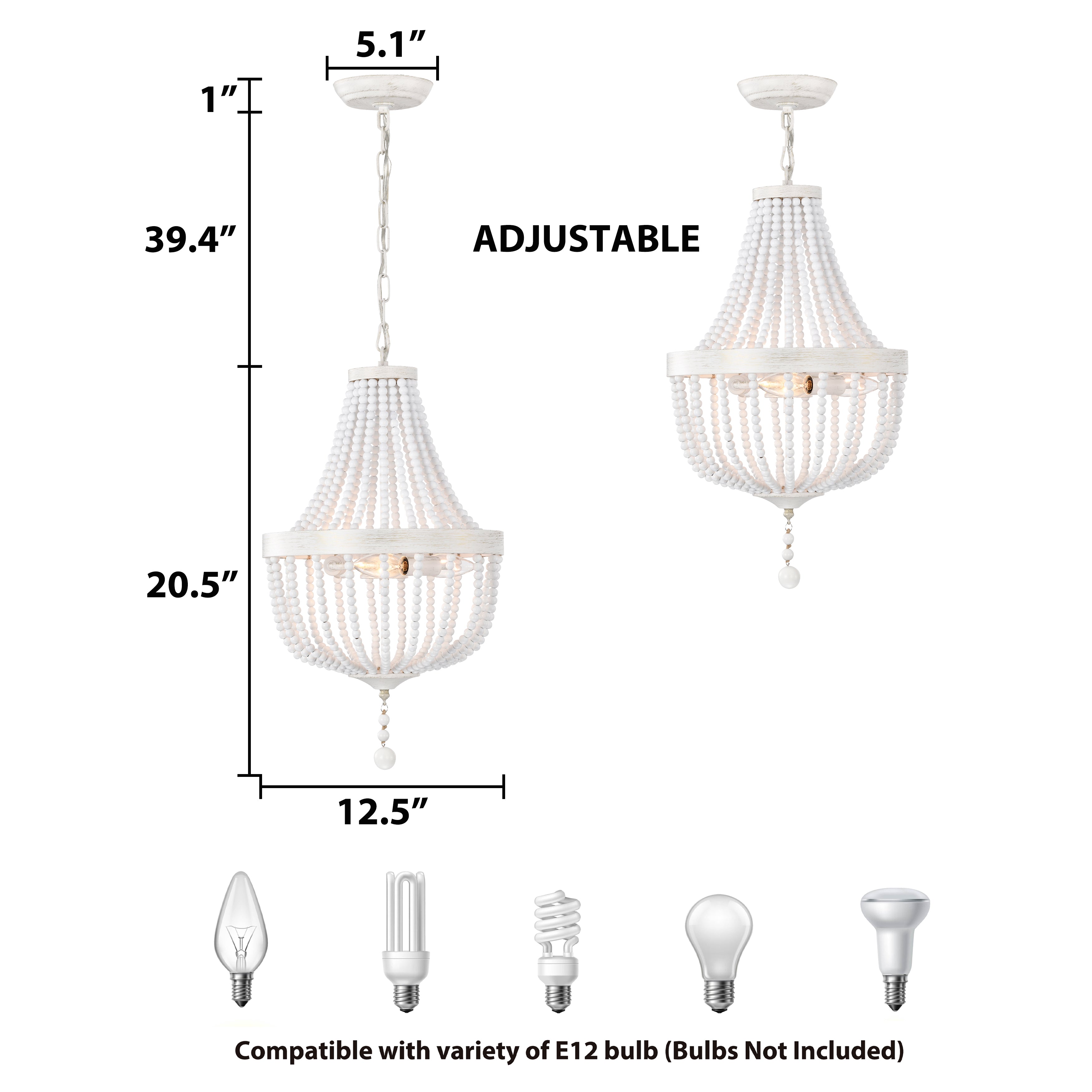 White Wood Beaded Chandelier Farmhouse Pendant Light Fixtures 3-Light