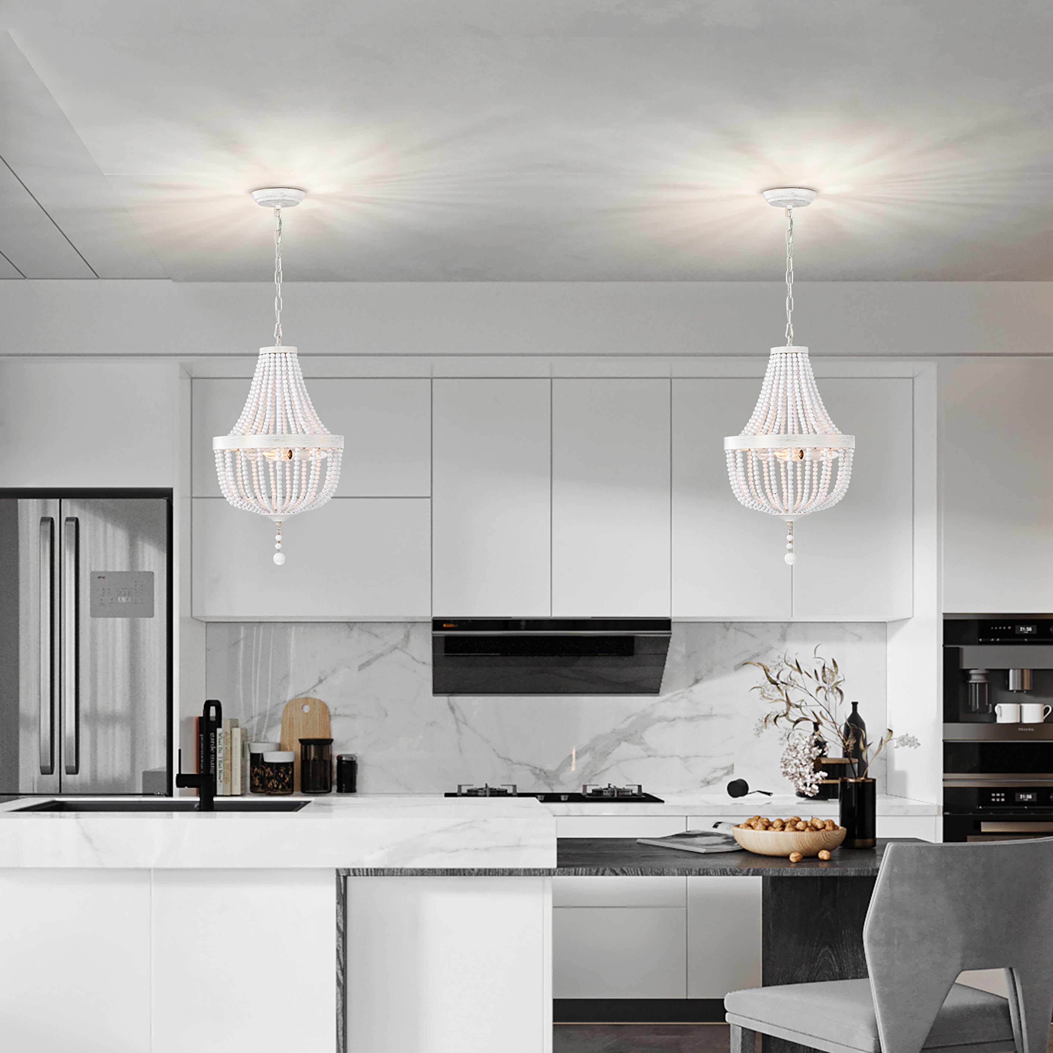 White Wood Beaded Chandelier Farmhouse Pendant Light Fixtures 3-Light