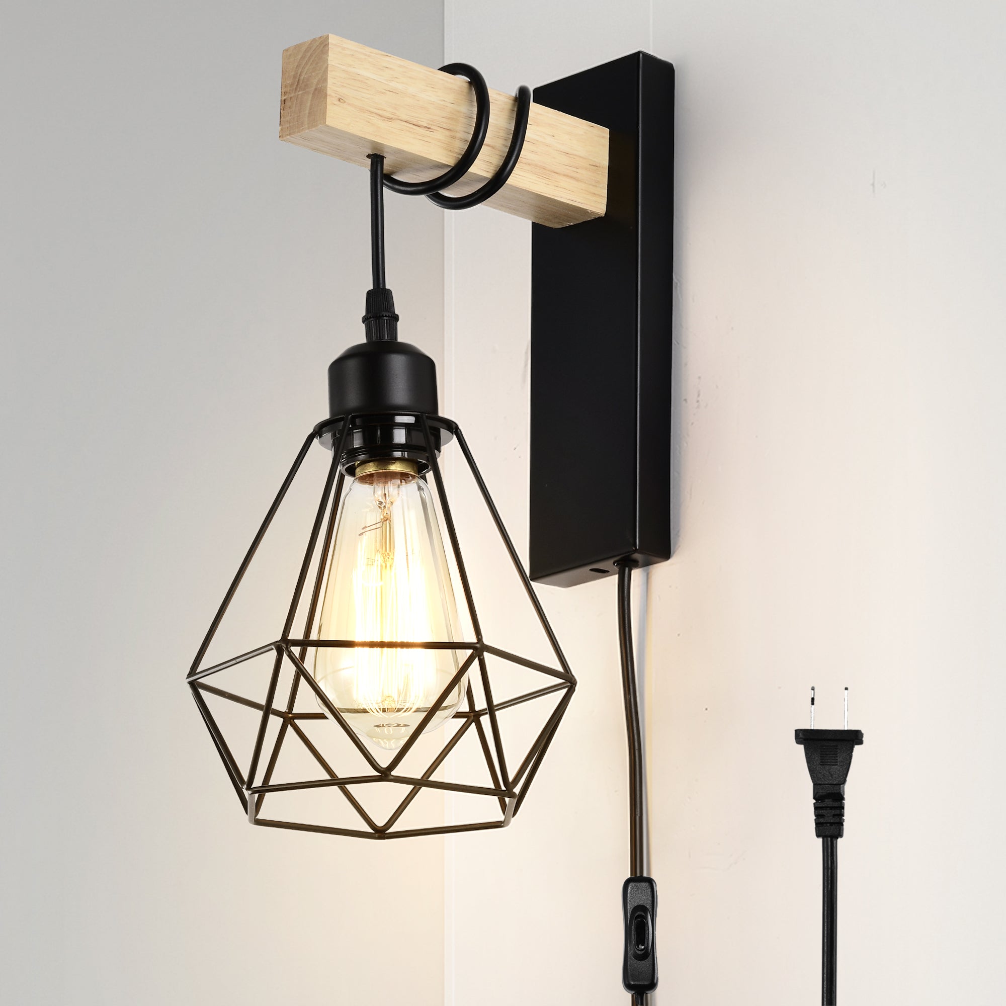 Pasi Plug-in Wall Sconces Wood Wall Light Fixture Black Wall Lamp 1-Light