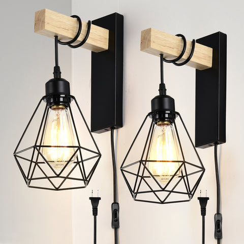 Plug in Wall Sconces Set of Two Industrial Wall Lamp with 6ft Plug in Cord Wood Wall Sconce for Bedroom Farmhouse Black Wall Lights On/Off Switch