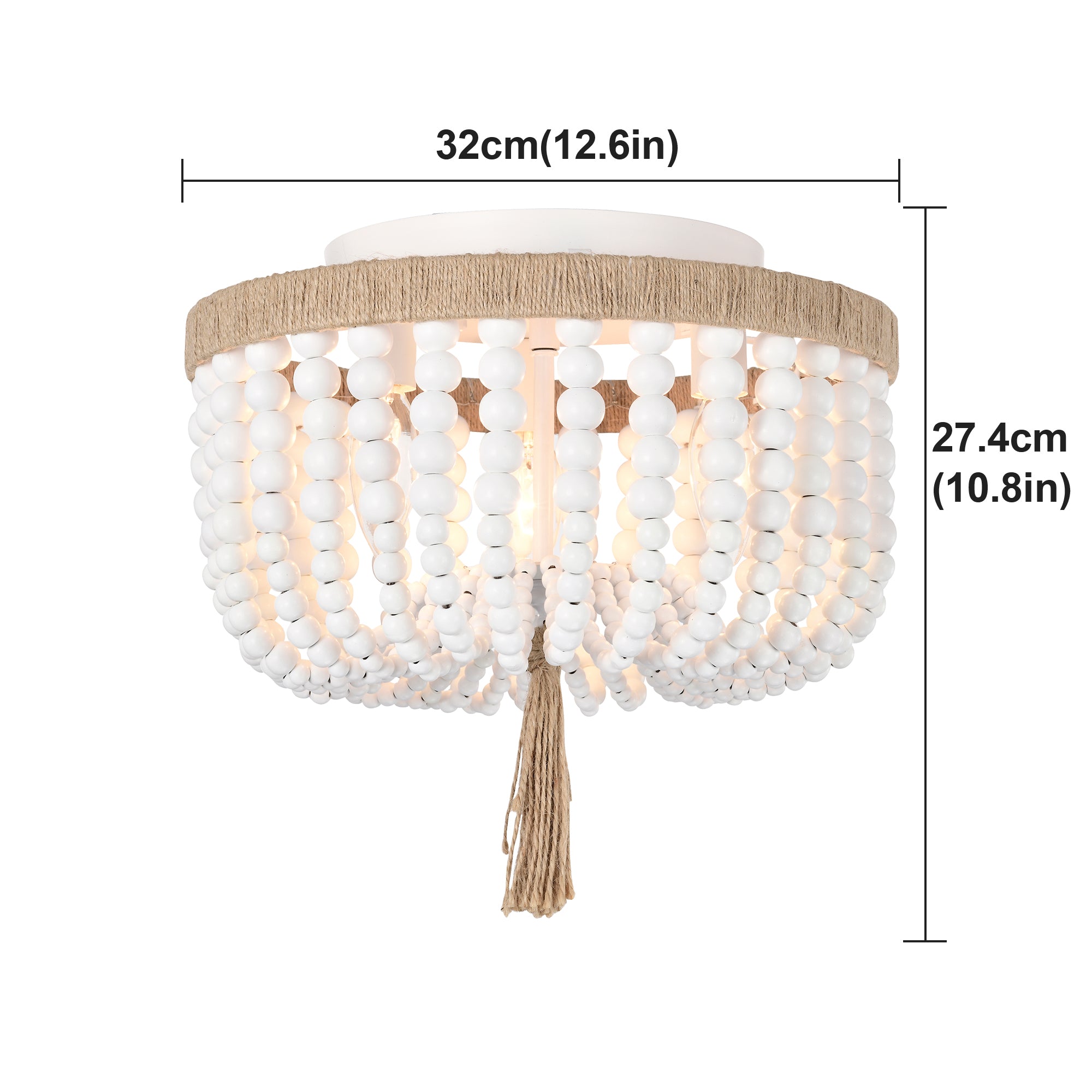 White Wood Beaded Chandelier 3-Light Farmhouse Wood Bead Light