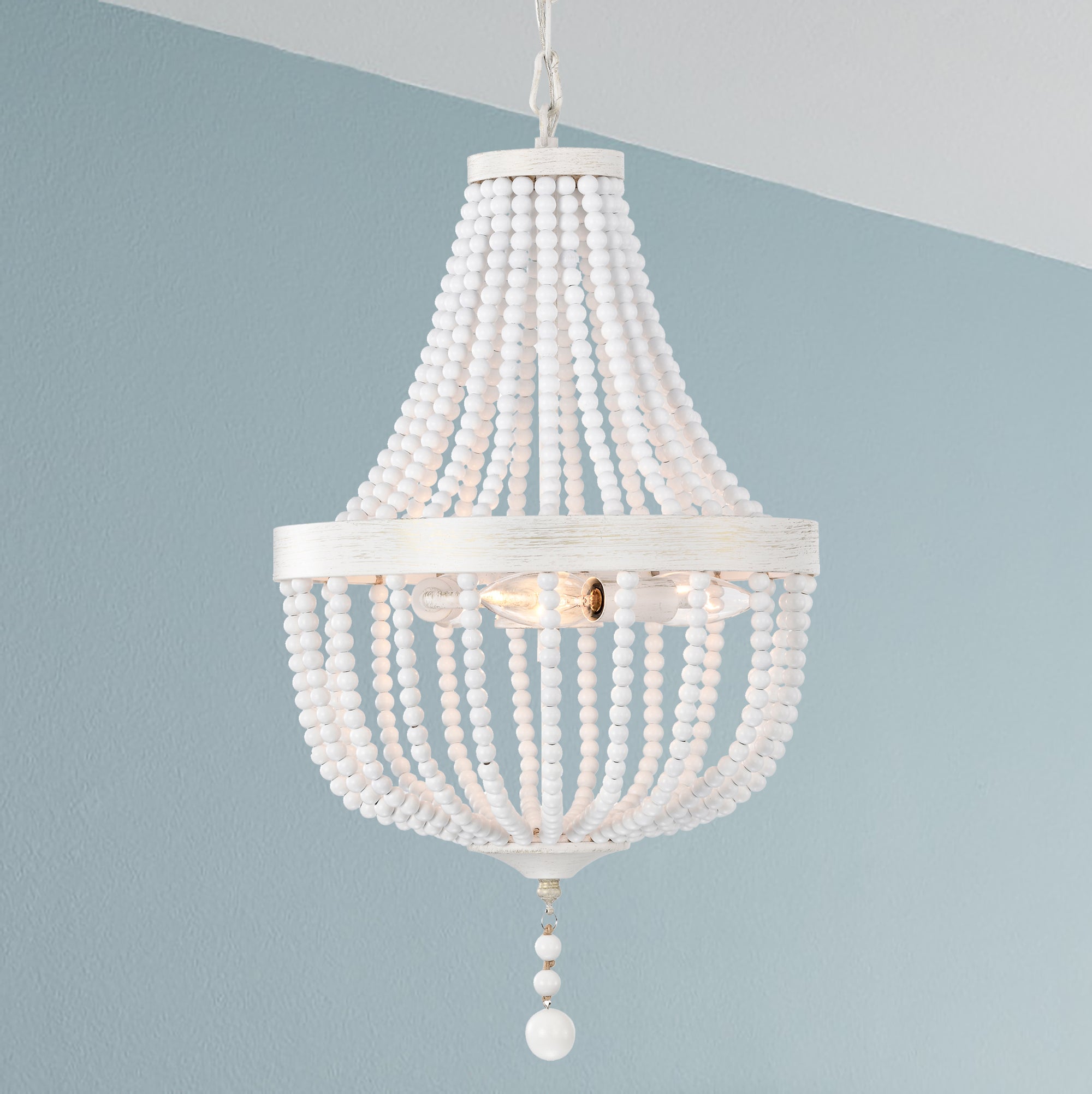 White Wood Beaded Chandelier Farmhouse Pendant Light Fixtures 3-Light