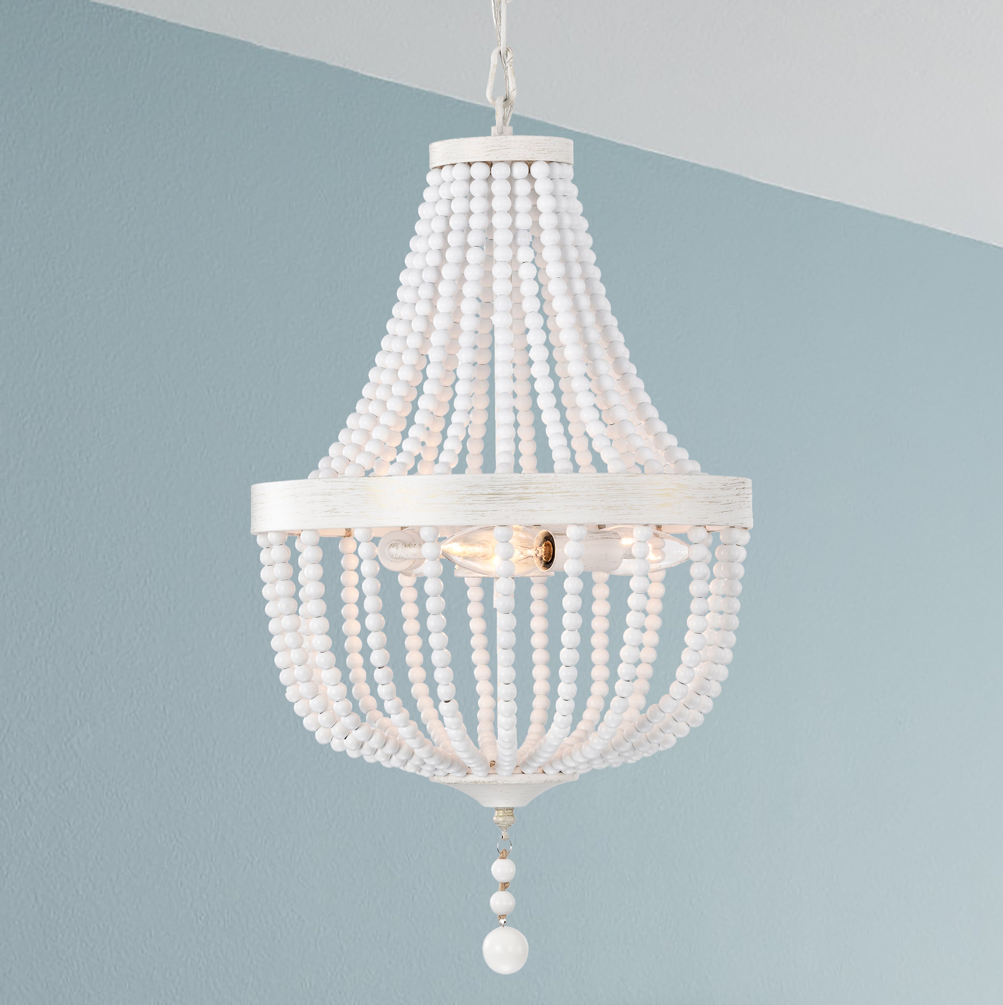 White Wood Beaded Chandelier Farmhouse Pendant Light Fixtures 3-Light