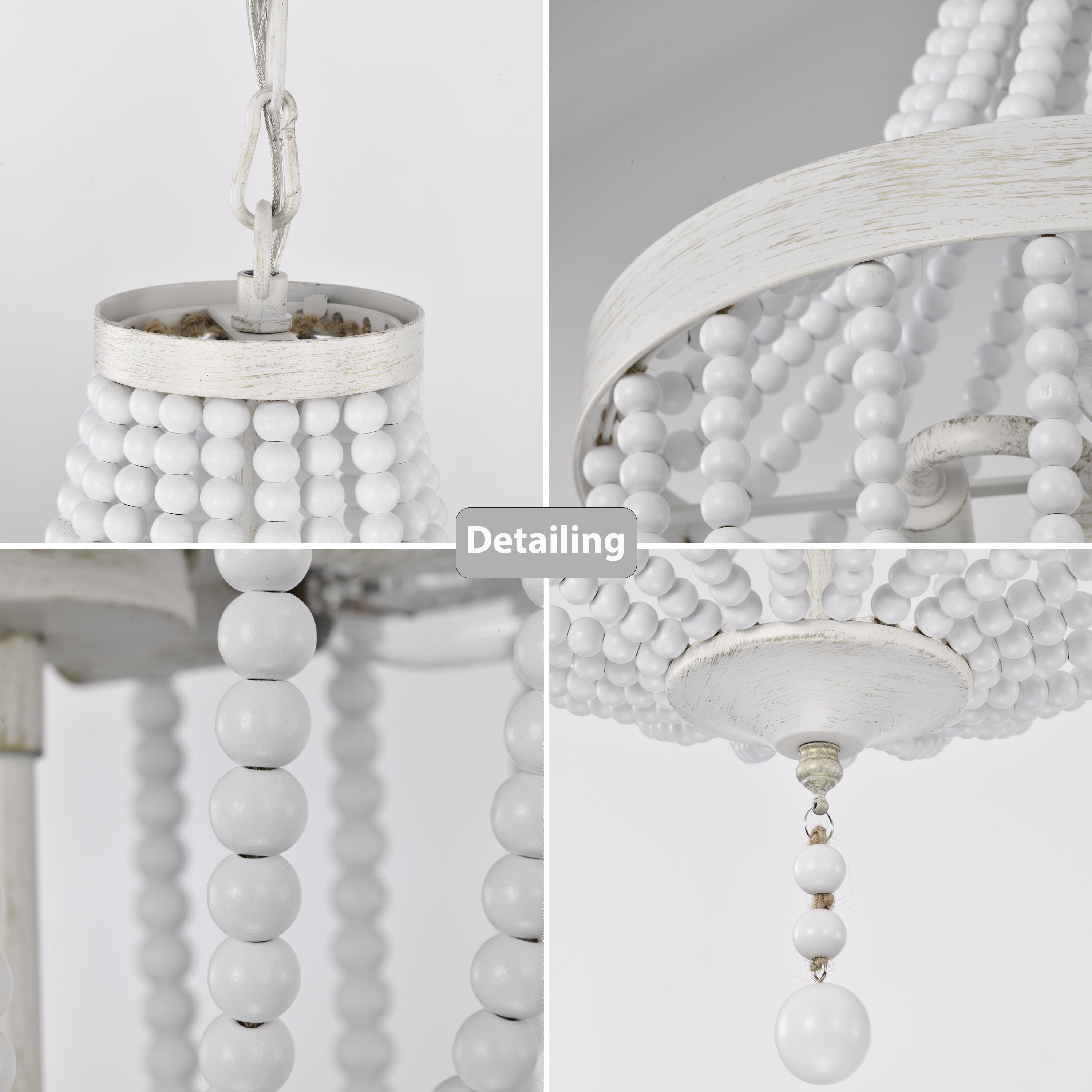 White Wood Beaded Chandelier Farmhouse Pendant Light Fixtures 3-Light