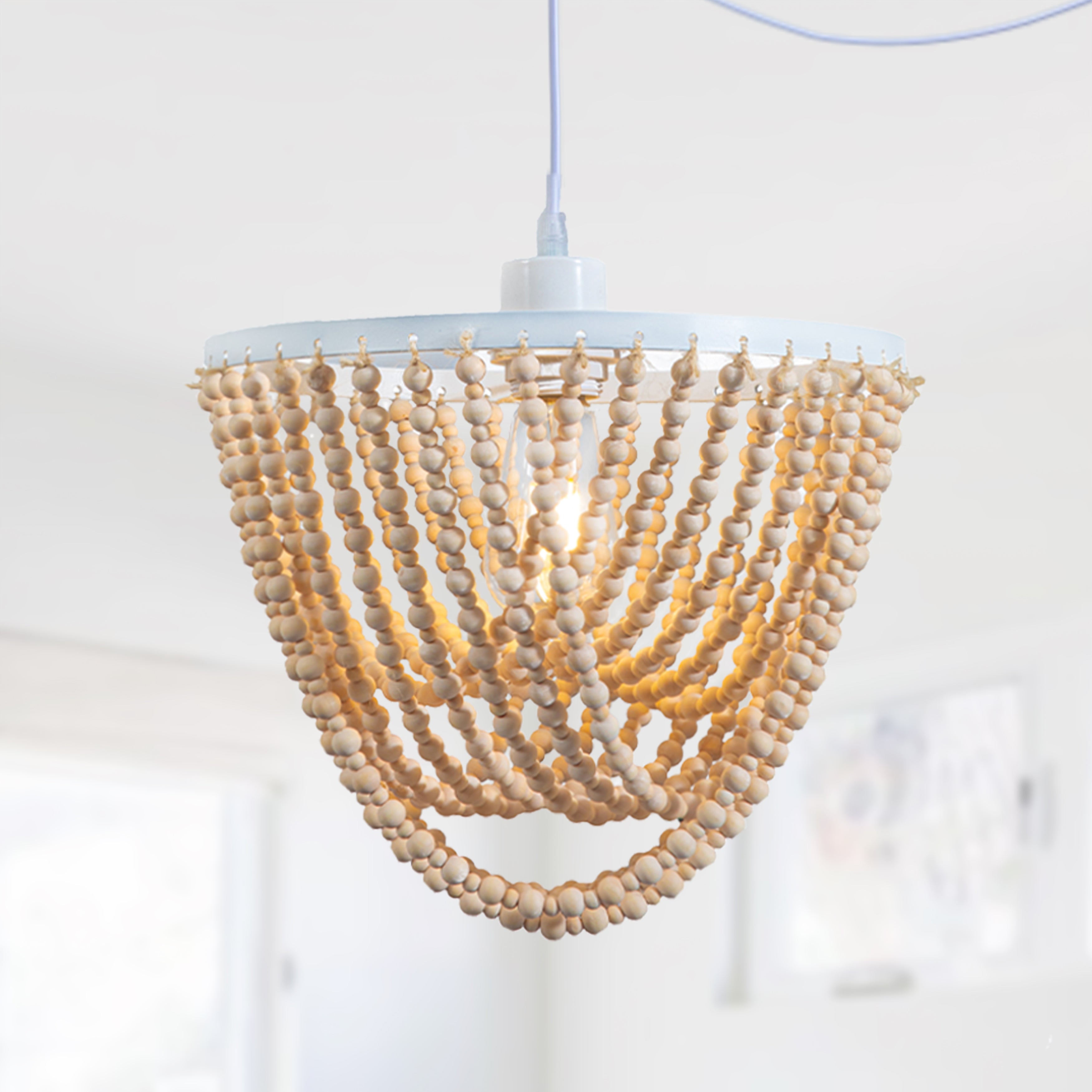 Wood Bead Chandelier Pendant Plug in Swag Light with 20ft Cord 1-Light