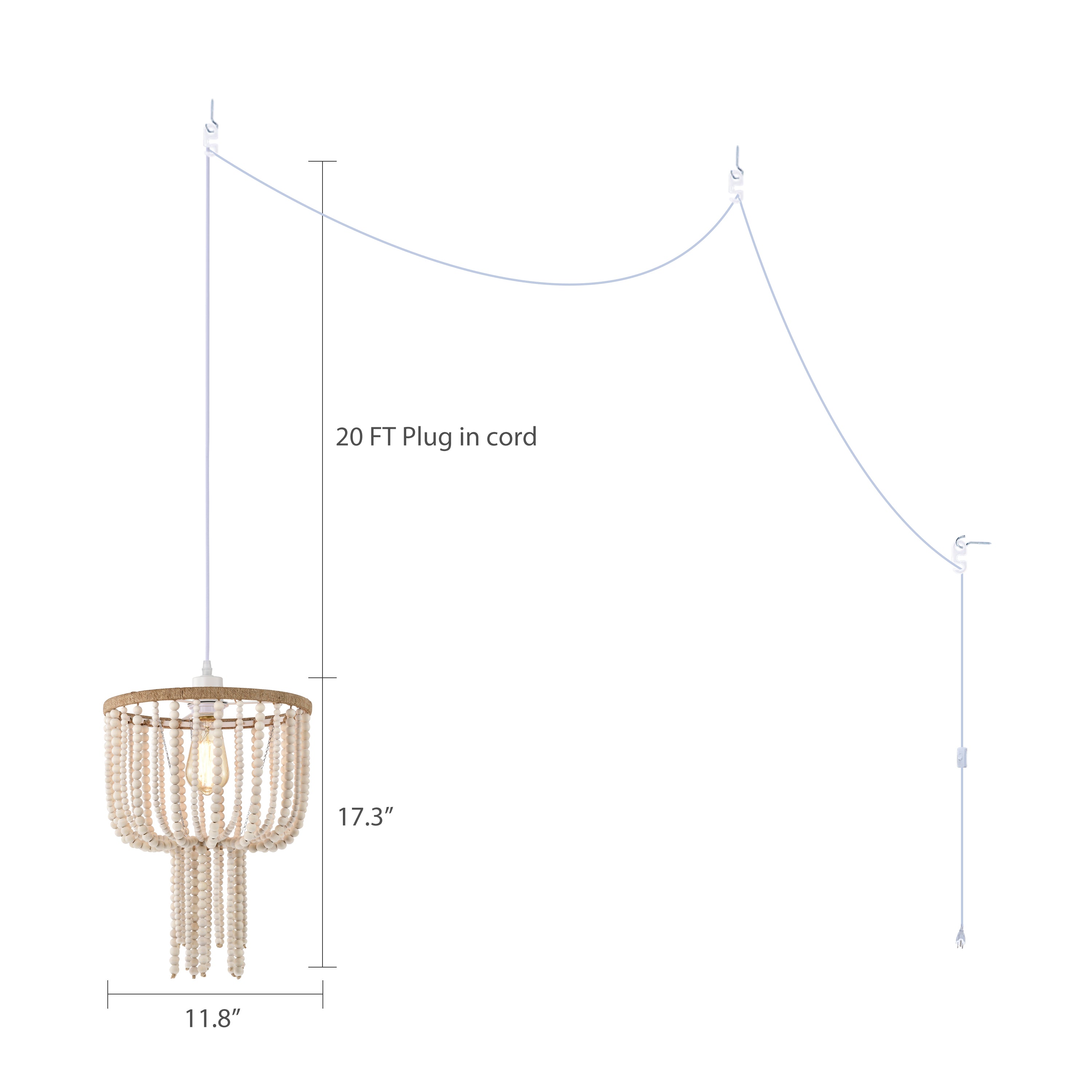 Boho Pendant Light Plug in with Cord Whitewashed Wood Beaded 1-Light