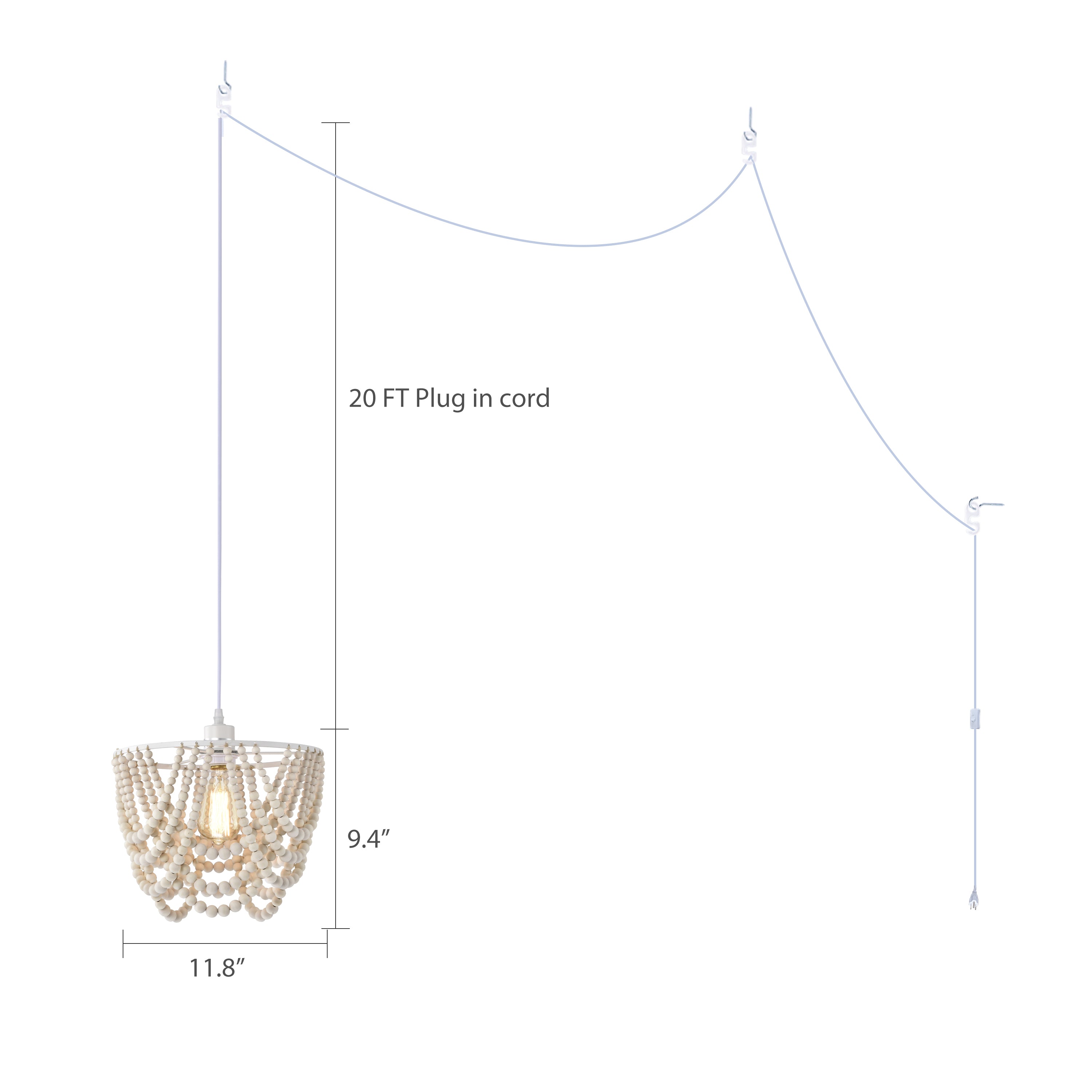 Boho Pendant Light Plug in Wood Beaded Plug in Chandelier 1-Light