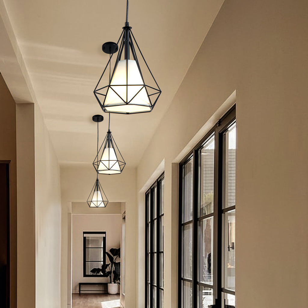 Farmhouse Black Pendant Light Fixtures with White Fabric Shade 2 pack