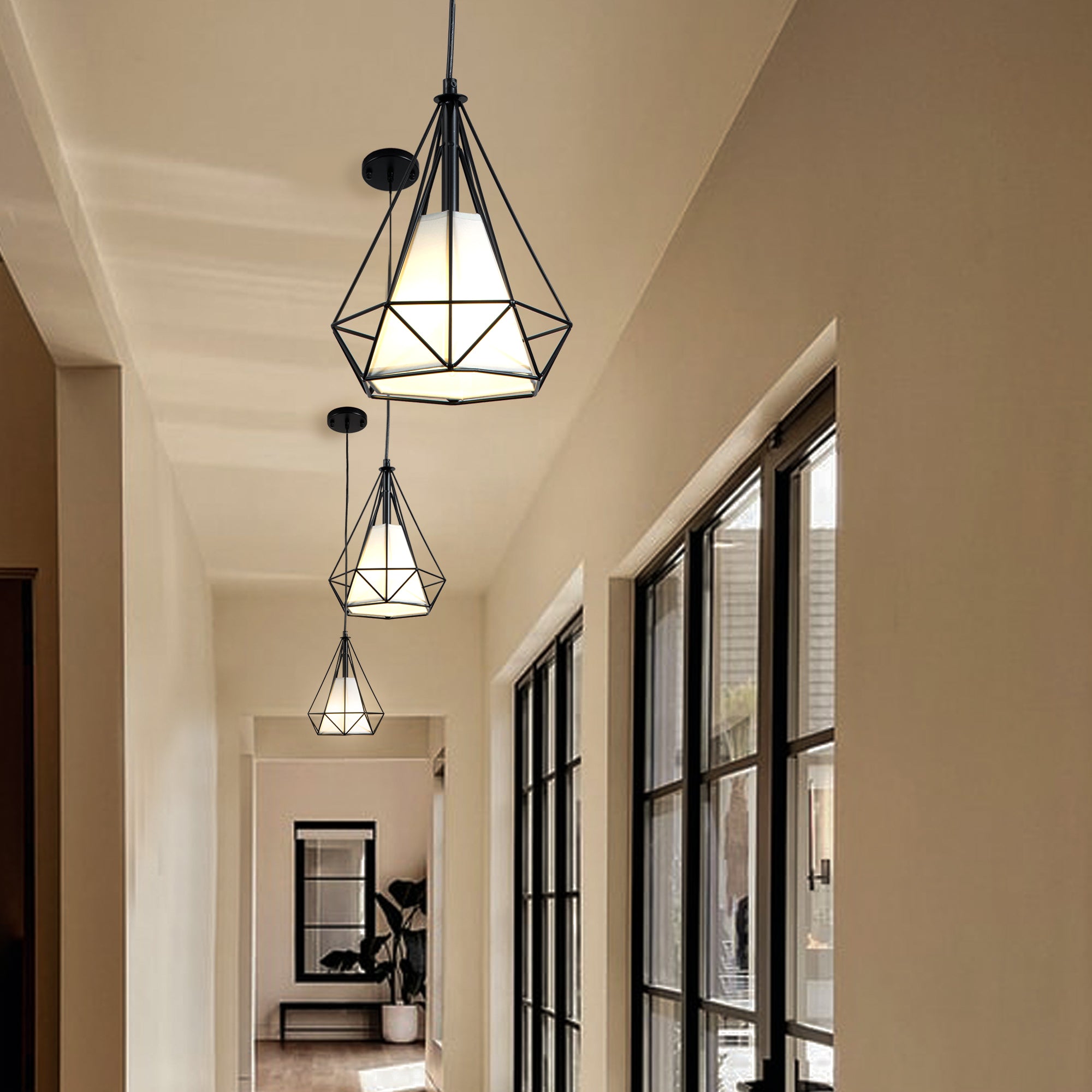 Farmhouse Black Pendant Light Fixtures with White Fabric Shade 2 pack
