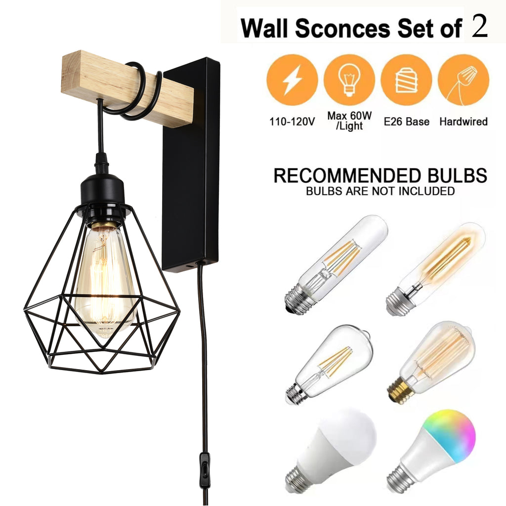 Plug in Wall Sconces Set of Two Industrial Wall Lamp with 6ft Plug in Cord Wood Wall Sconce for Bedroom Farmhouse Black Wall Lights On/Off Switch
