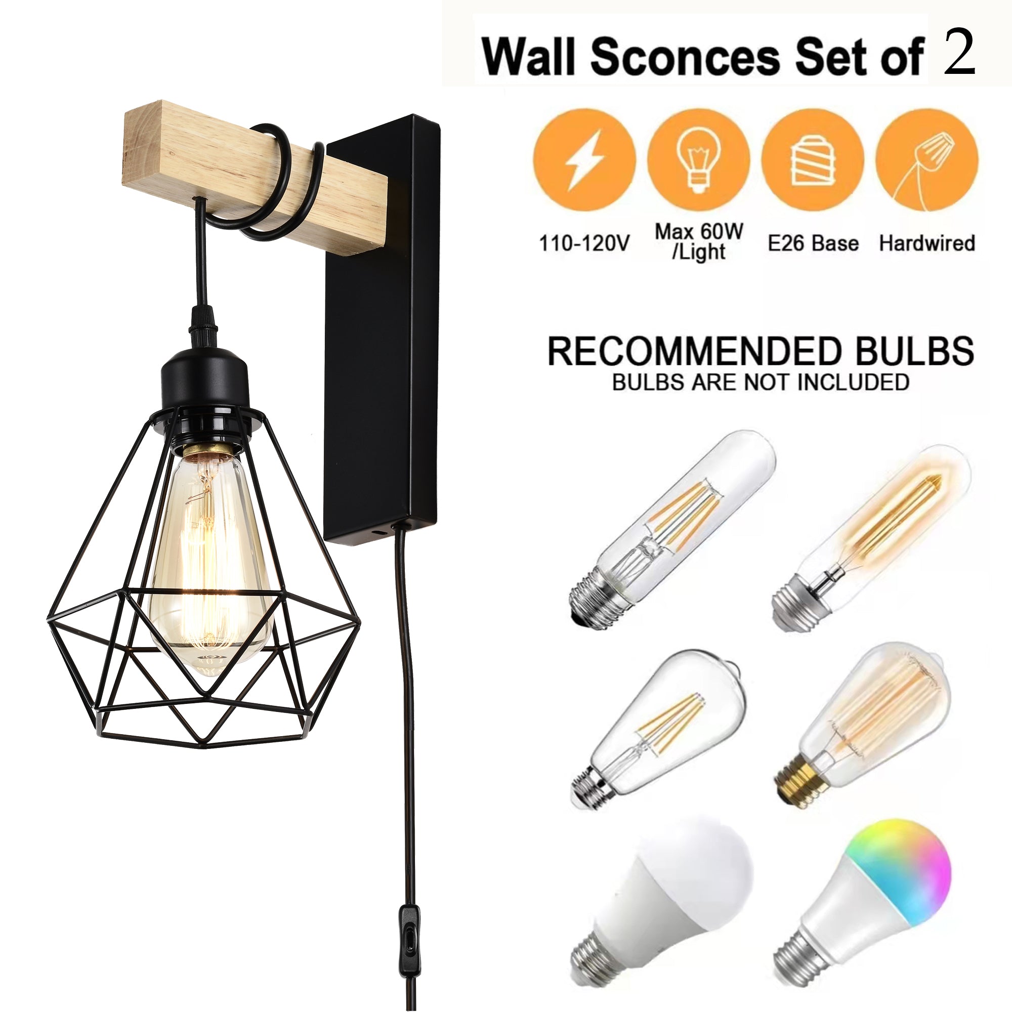 Plug in Wall Sconces Set of Two Industrial Wall Lamp with 6ft Plug in Cord Wood Wall Sconce for Bedroom Farmhouse Black Wall Lights On/Off Switch