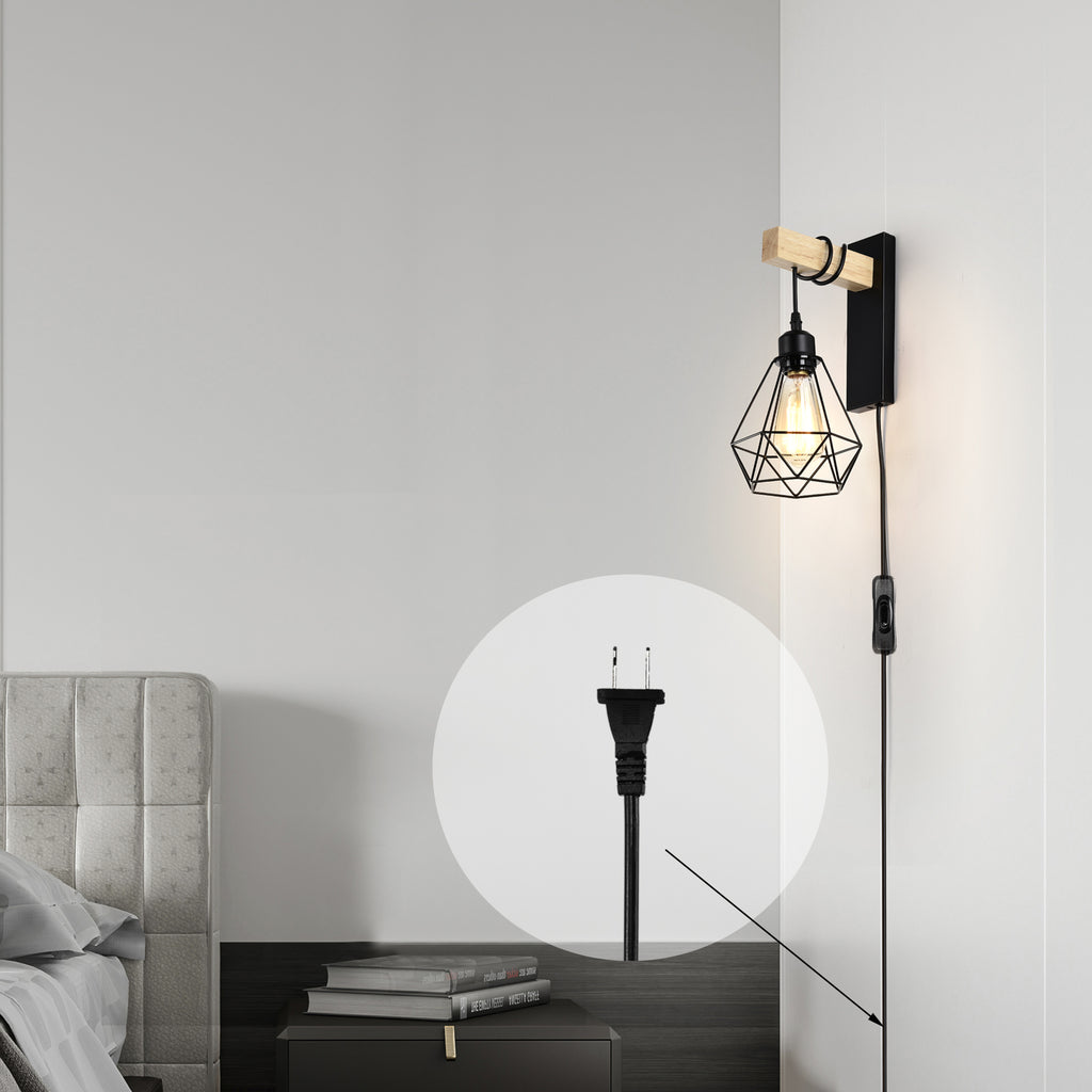 Plug in Wall Sconces Set of Two Industrial Wall Lamp with 6ft Plug in Cord Wood Wall Sconce for Bedroom Farmhouse Black Wall Lights On/Off Switch
