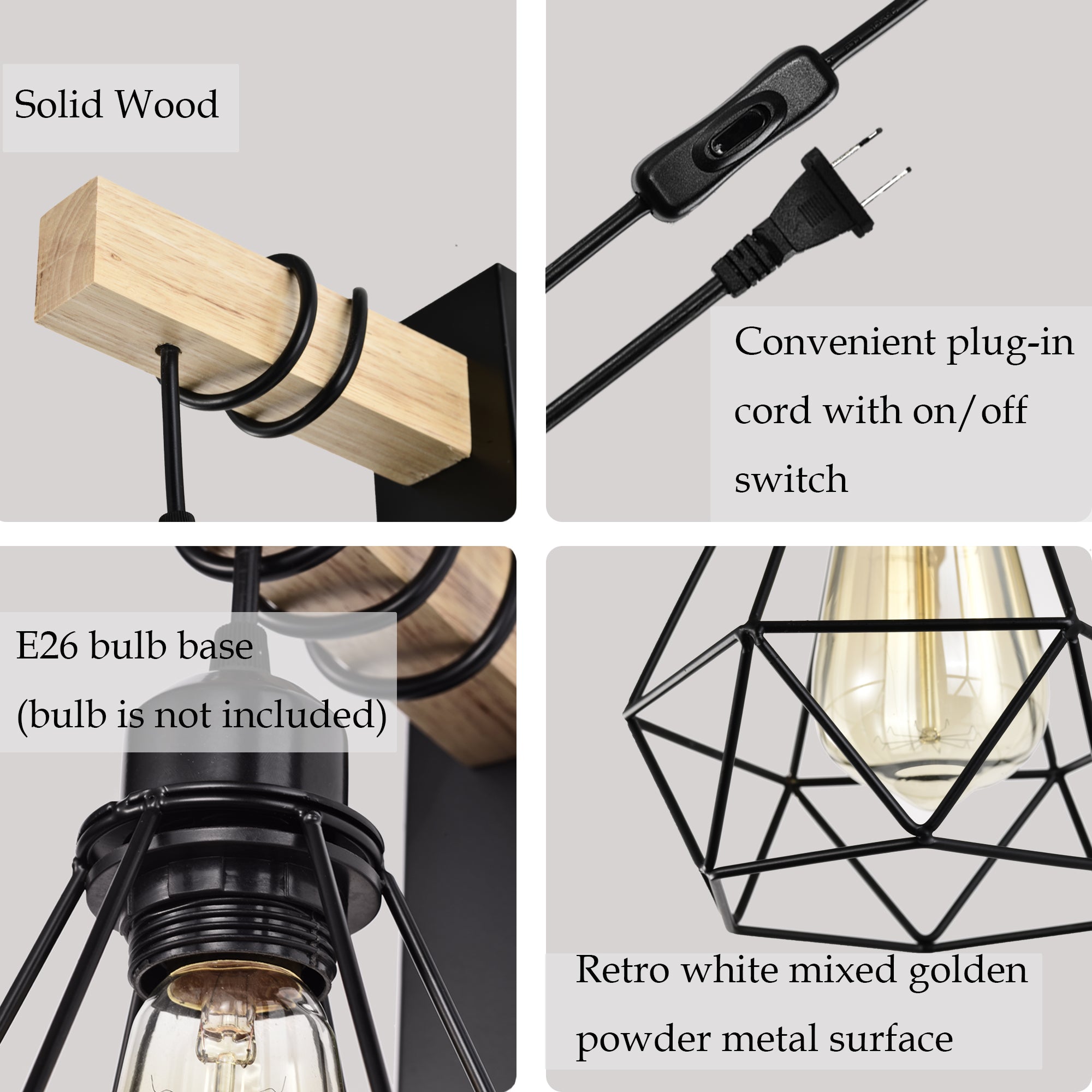 Plug in Wall Sconces Set of Two Industrial Wall Lamp with 6ft Plug in Cord Wood Wall Sconce for Bedroom Farmhouse Black Wall Lights On/Off Switch