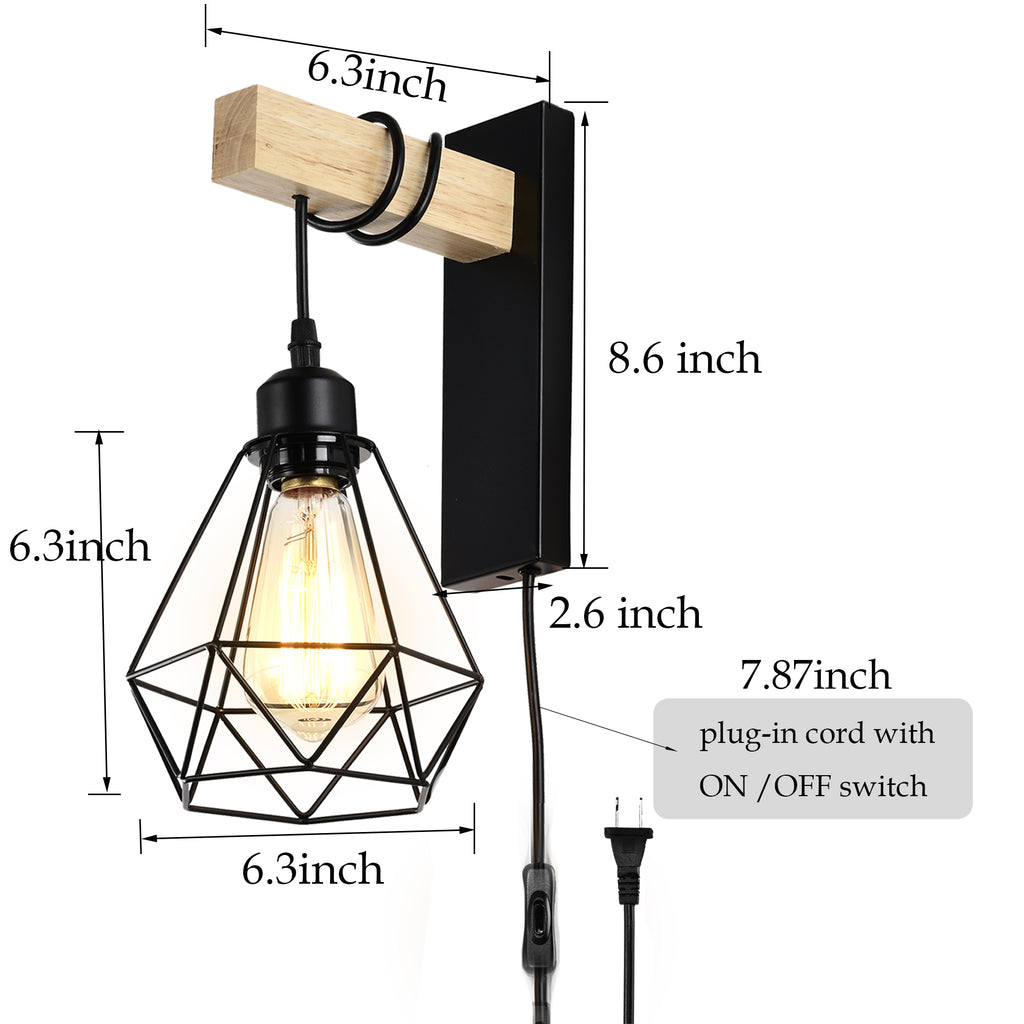Plug in Wall Sconces Set of Two Industrial Wall Lamp with 6ft Plug in Cord Wood Wall Sconce for Bedroom Farmhouse Black Wall Lights On/Off Switch