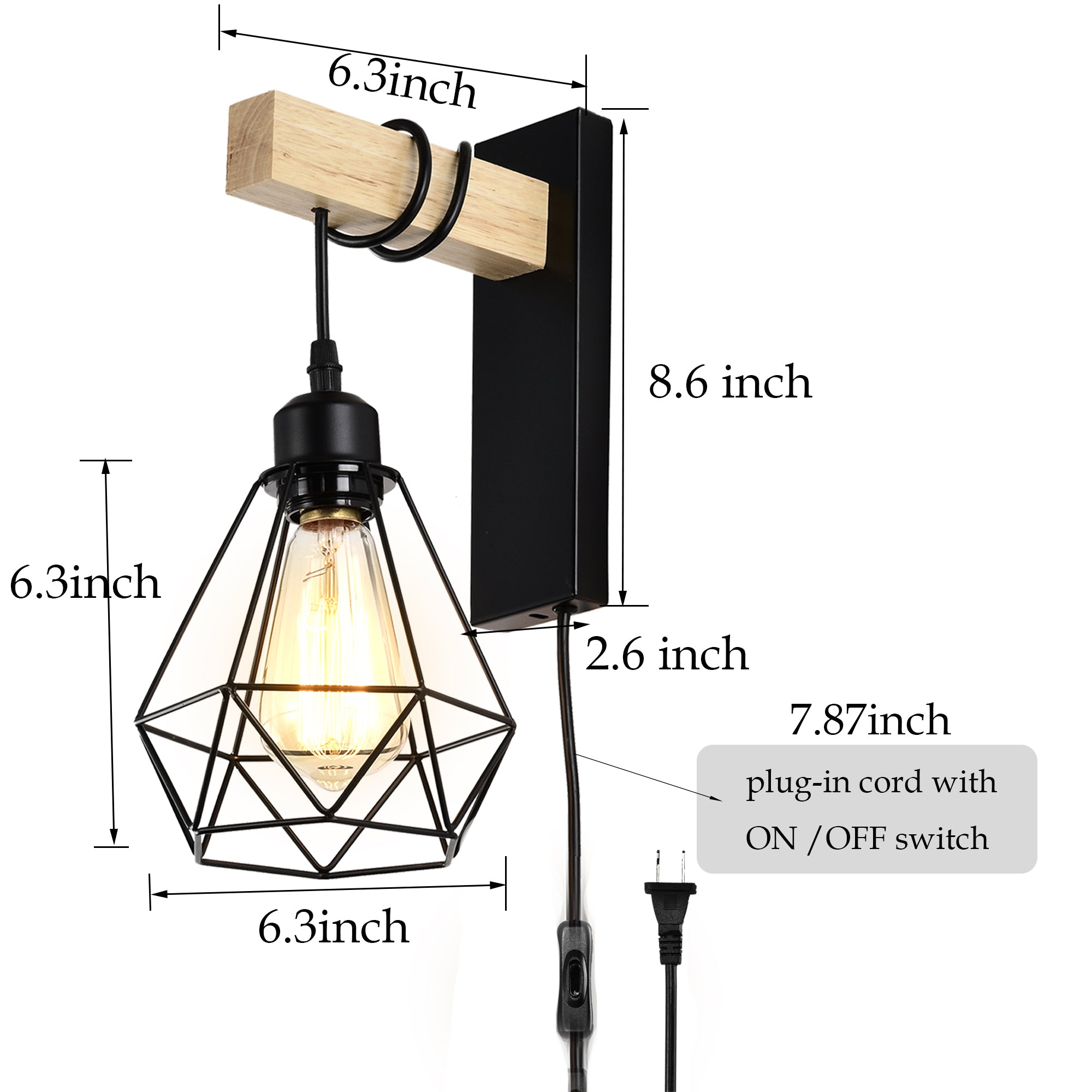 Plug in Wall Sconces Set of Two Industrial Wall Lamp with 6ft Plug in Cord Wood Wall Sconce for Bedroom Farmhouse Black Wall Lights On/Off Switch