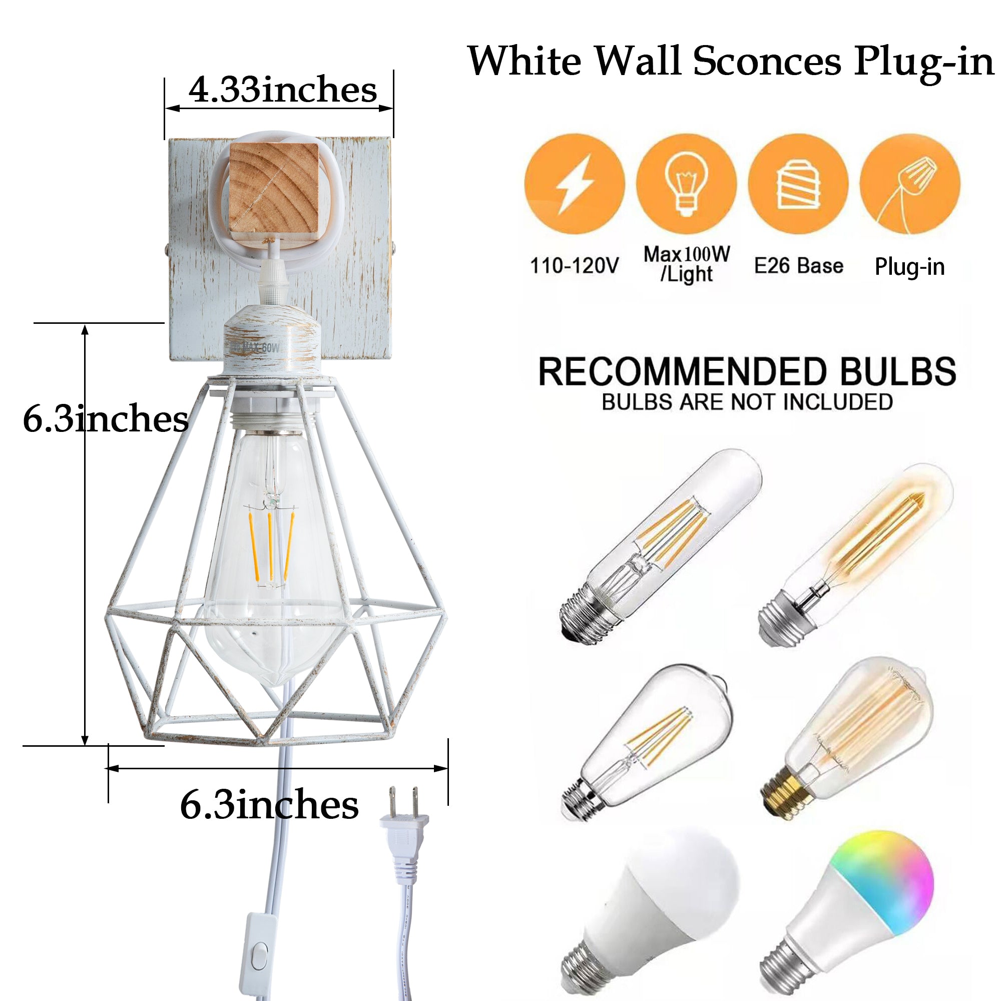 Plug in Wall Sconces 2 Pack White Farmhouse Wall Sconces Lighting Indoor Wall Lamp Plug in Wall Light Fixtures