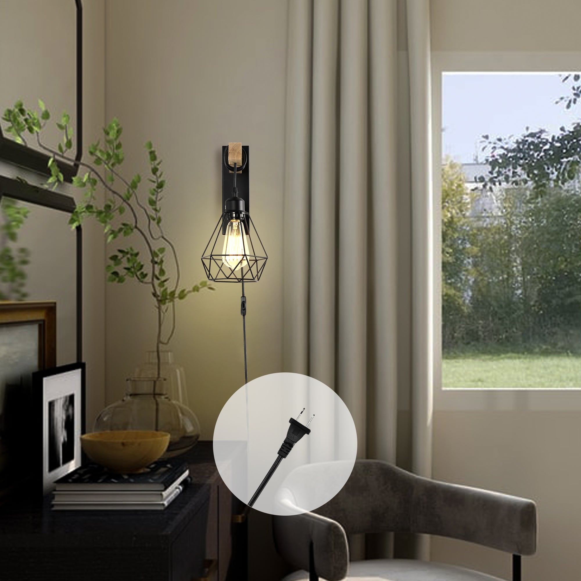 Plug in Wall Sconces Set of Two Industrial Wall Lamp with 6ft Plug in Cord Wood Wall Sconce for Bedroom Farmhouse Black Wall Lights On/Off Switch